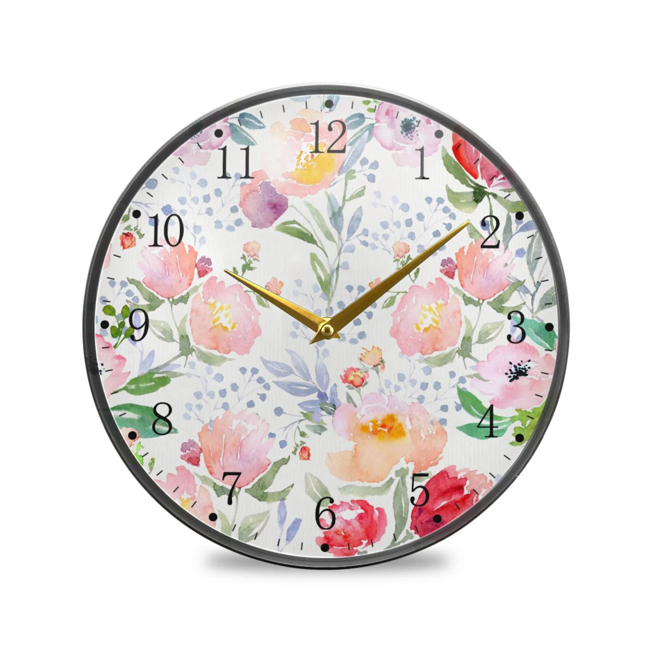 Pink Watercolor Flowers Leaves Acrylic Wall Clocks Quiet Round Clock Battery Operated Non-Ticking Clock for Bedroom Kitchen Office Decorative 9.5 Inch