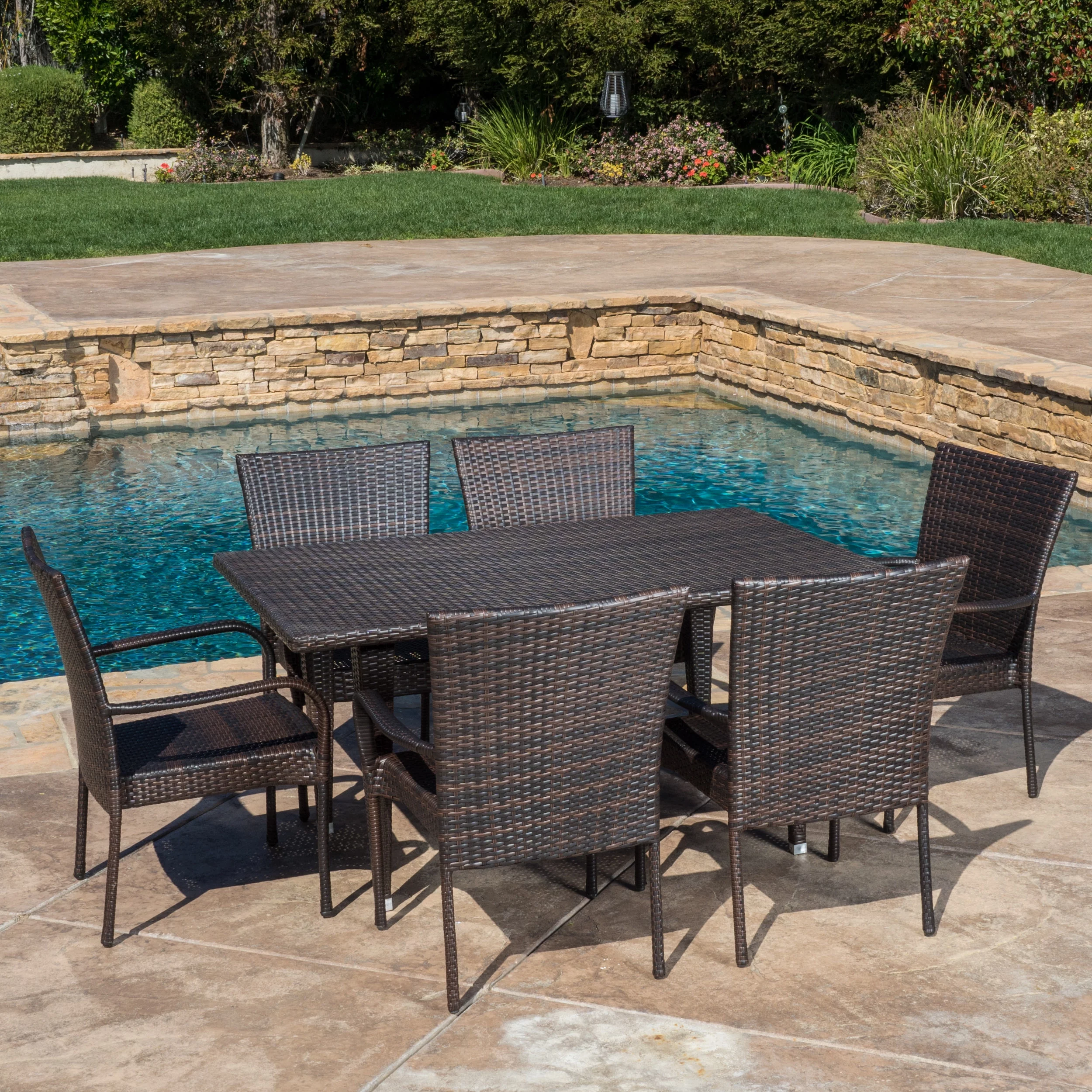 Brown Outdoor Wicker 7 Piece Dining Set