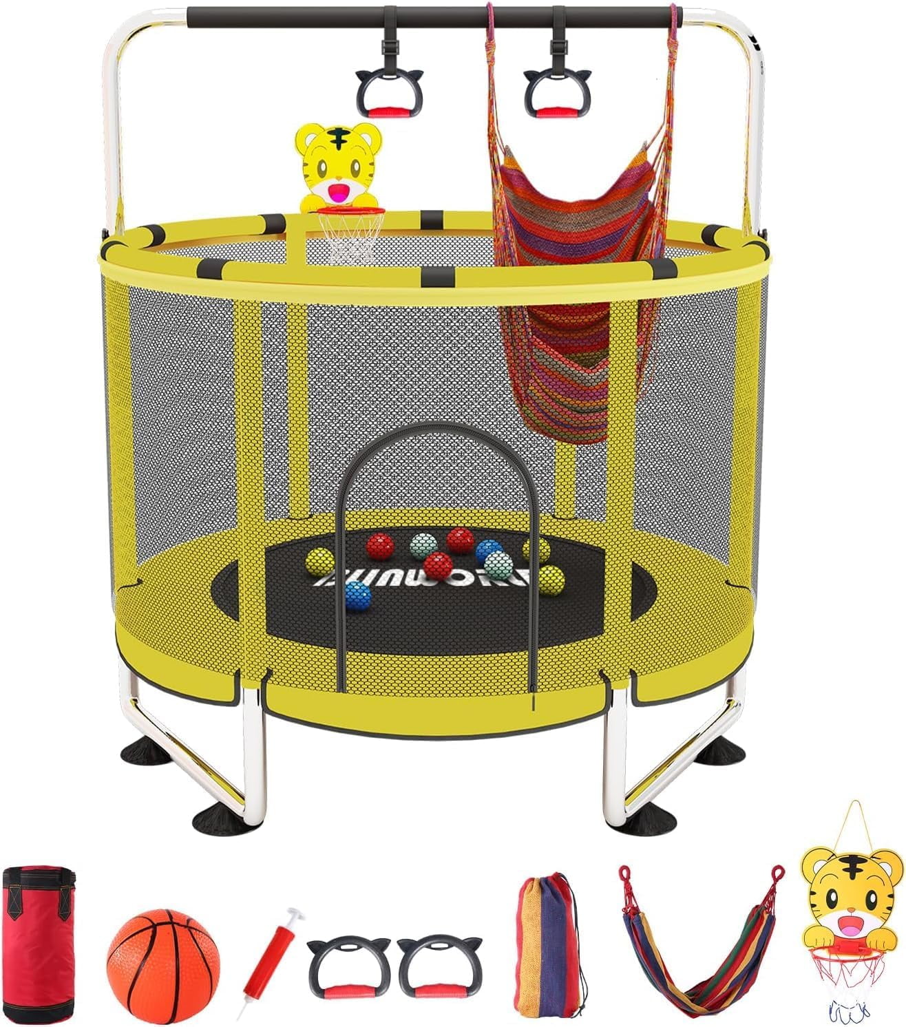 Trampoline for Kids, Adjustable Baby Toddler Trampoline with Basketball Hoop, 220lbs Indoor Outdoor Toddler Trampoline with Enclosure (Yellow-E)