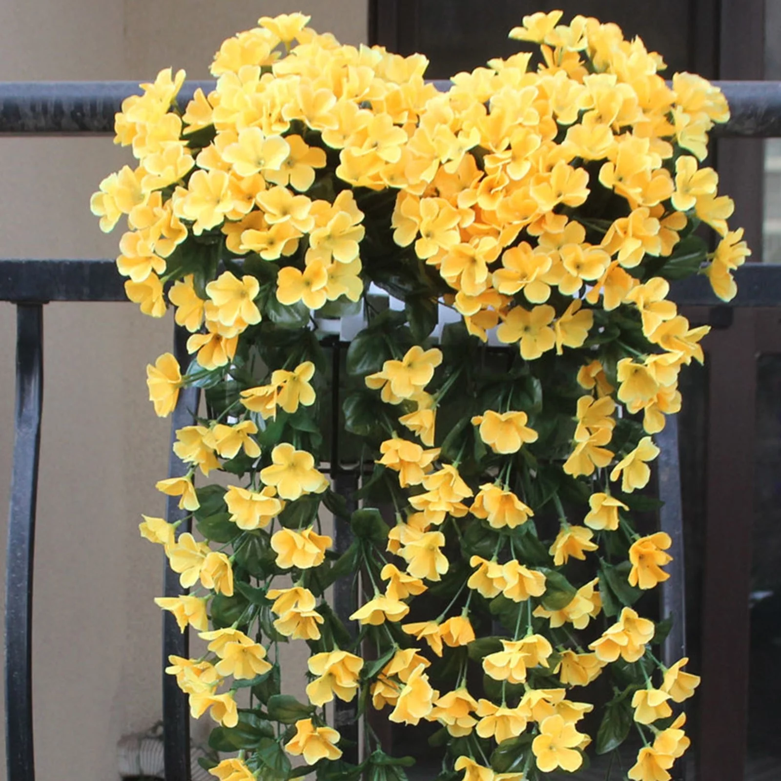 Beforesun Hanging Artificial Flowers Basket, Fake Hanging Plant, Silk Orchid Flowers, Faux Flower Arrangement for Outdoor Garden Yard Pouch Patio Indoor Home Decoration