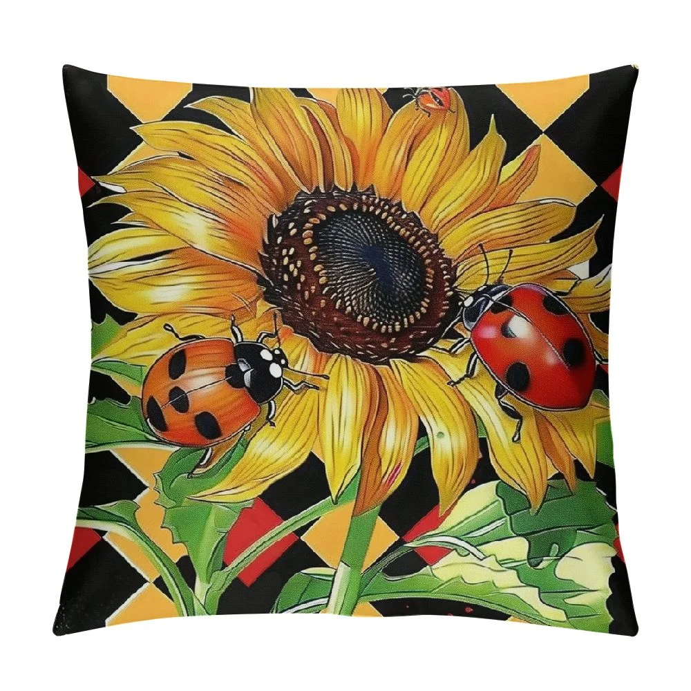 Creowell  Cute Ladybug Cushion Covers Yellow Sunflower Rustic Plant Throw Pillow Covers for Outdoors Chair Office Black White Geometric Grid Cushion Case for Bedroom Car Party Couch