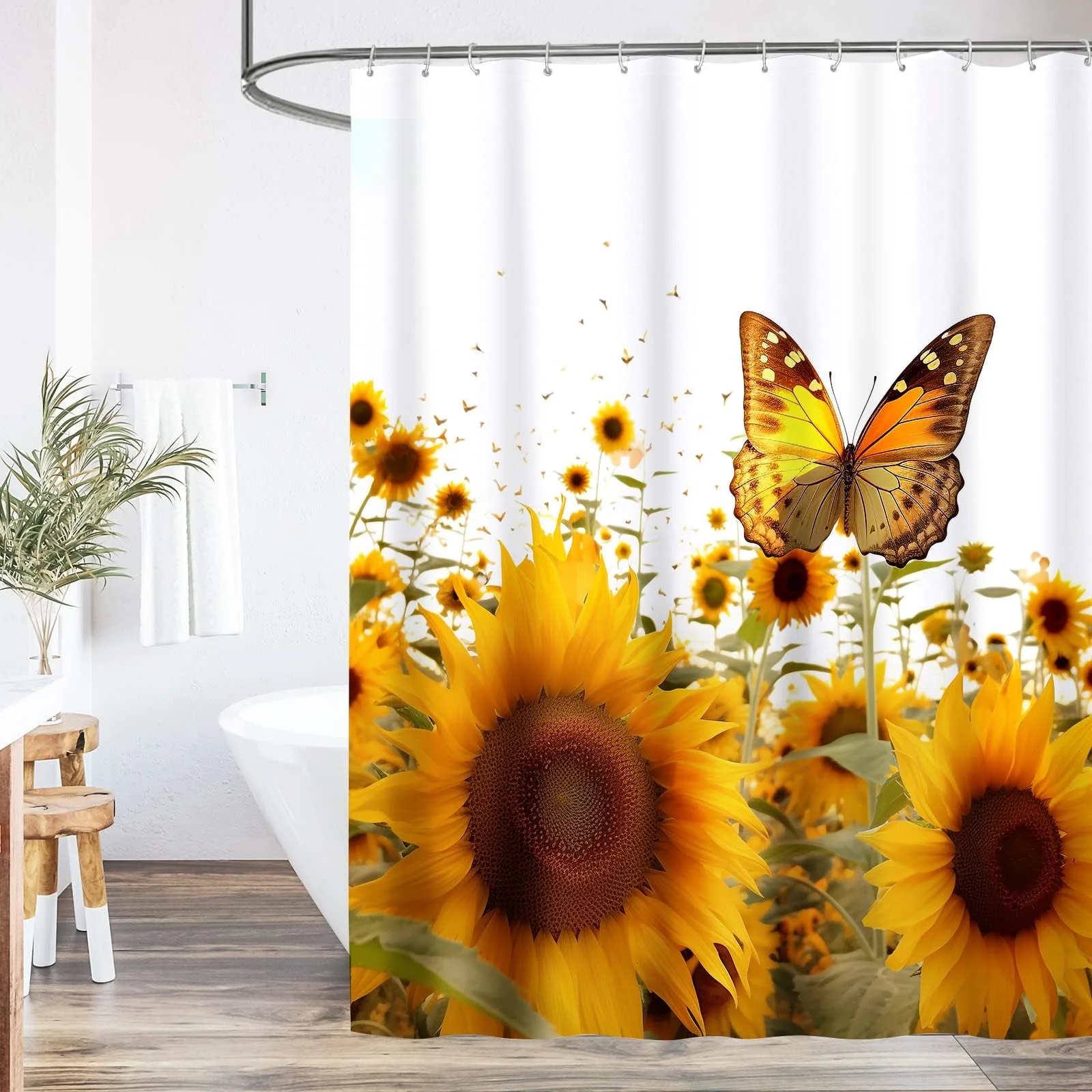 Sunflower Butterfly Shower Curtain Set, Butterfly Shower Curtains for Bathroom Waterproof Polyester Fabric Shower Curtain with 12 Hooks, 72x72 inches