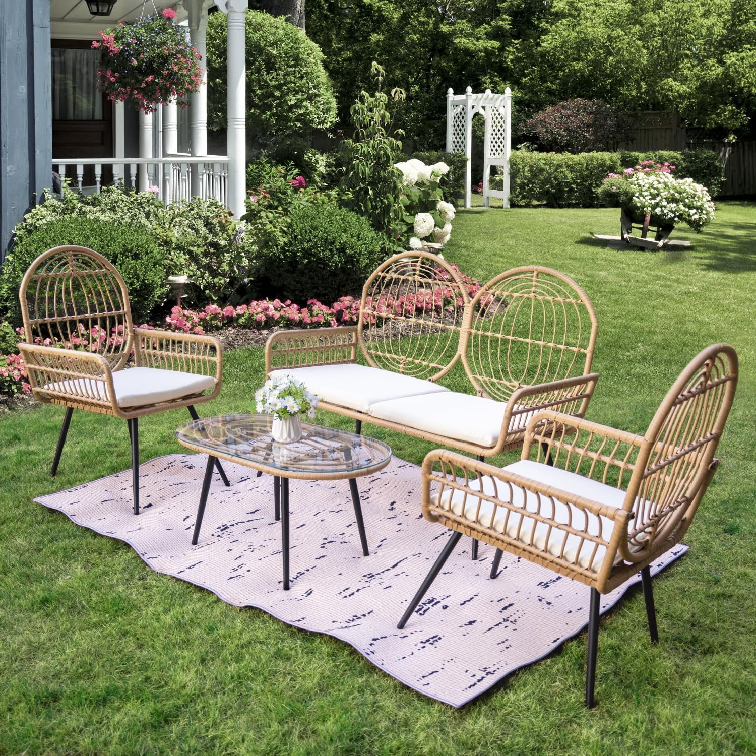 FUNCOKO 4 Pieces Wicker Patio Conversation Set  Dina All-Weather Rattan Outdoor Bistro Sets with Loveseat Chair  Glass Table & Soft Cushions for Backyard  Balcony  Deck