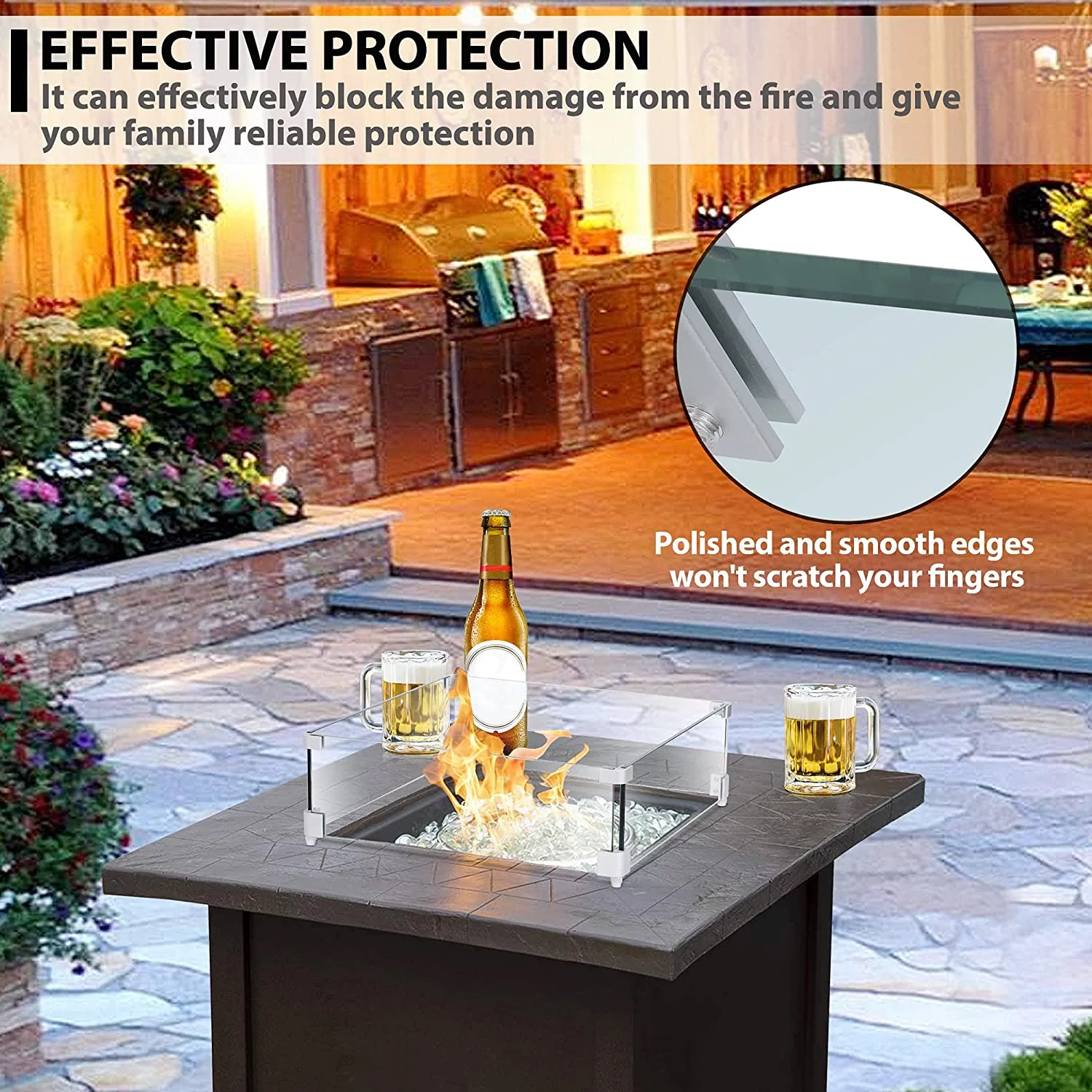 Square Glass Fire Pit Wind Screen, Silver Hardware, 6 in x 19 in Assembled Product Length, Lafuria