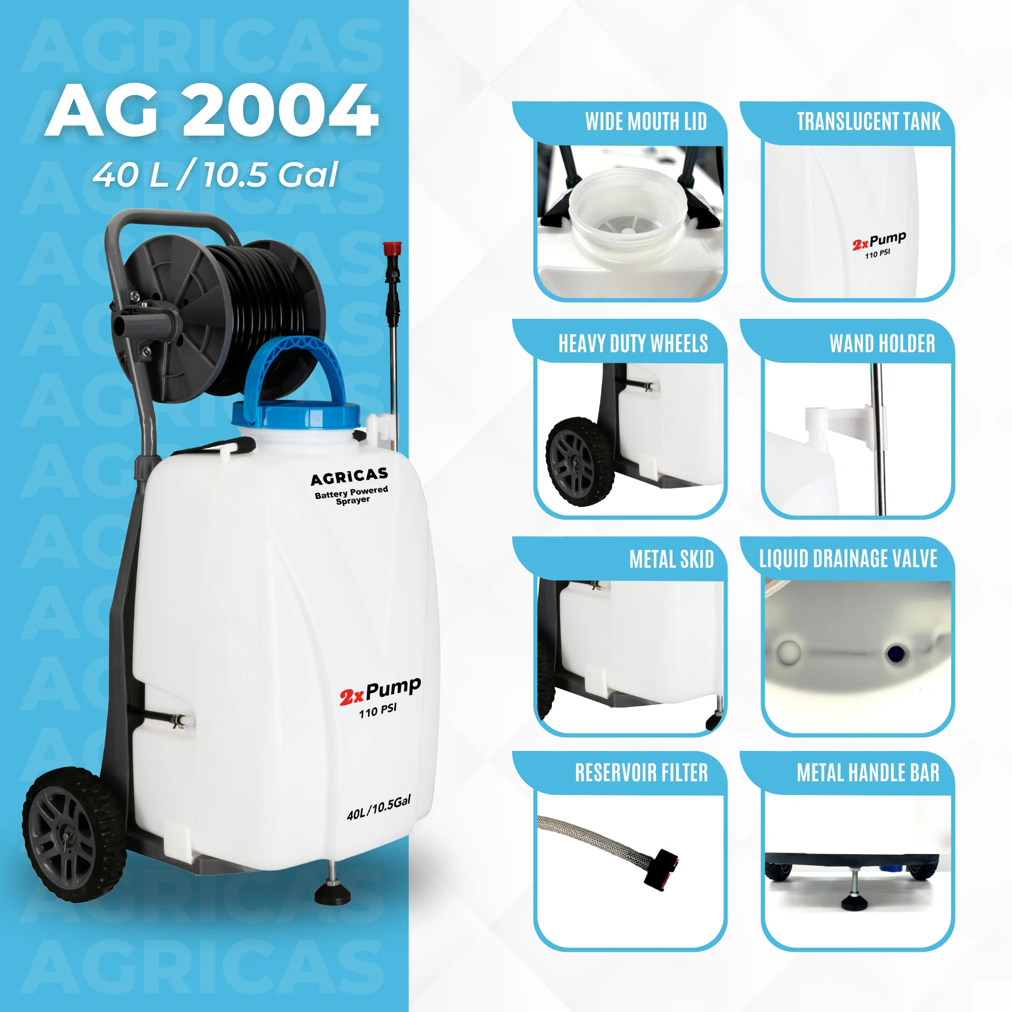 AGRICAS Battery Powered Sprayer with Double Professional Pump - 10.5 Gallon, Multifunctional Weed Sprayer for Lawn & Garden with Adjustable HD Wand and Nozzles, Portable Sprayer with Wheels