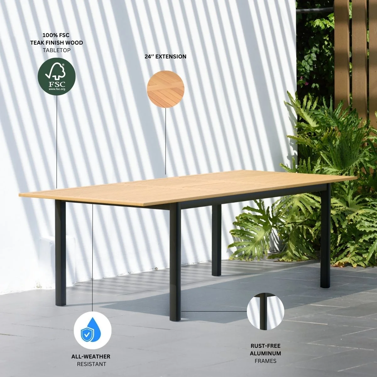 Amazonia Amoise Teak Finish & Aluminum 9 Pieces Extendable Rectangular Patio Dining Set