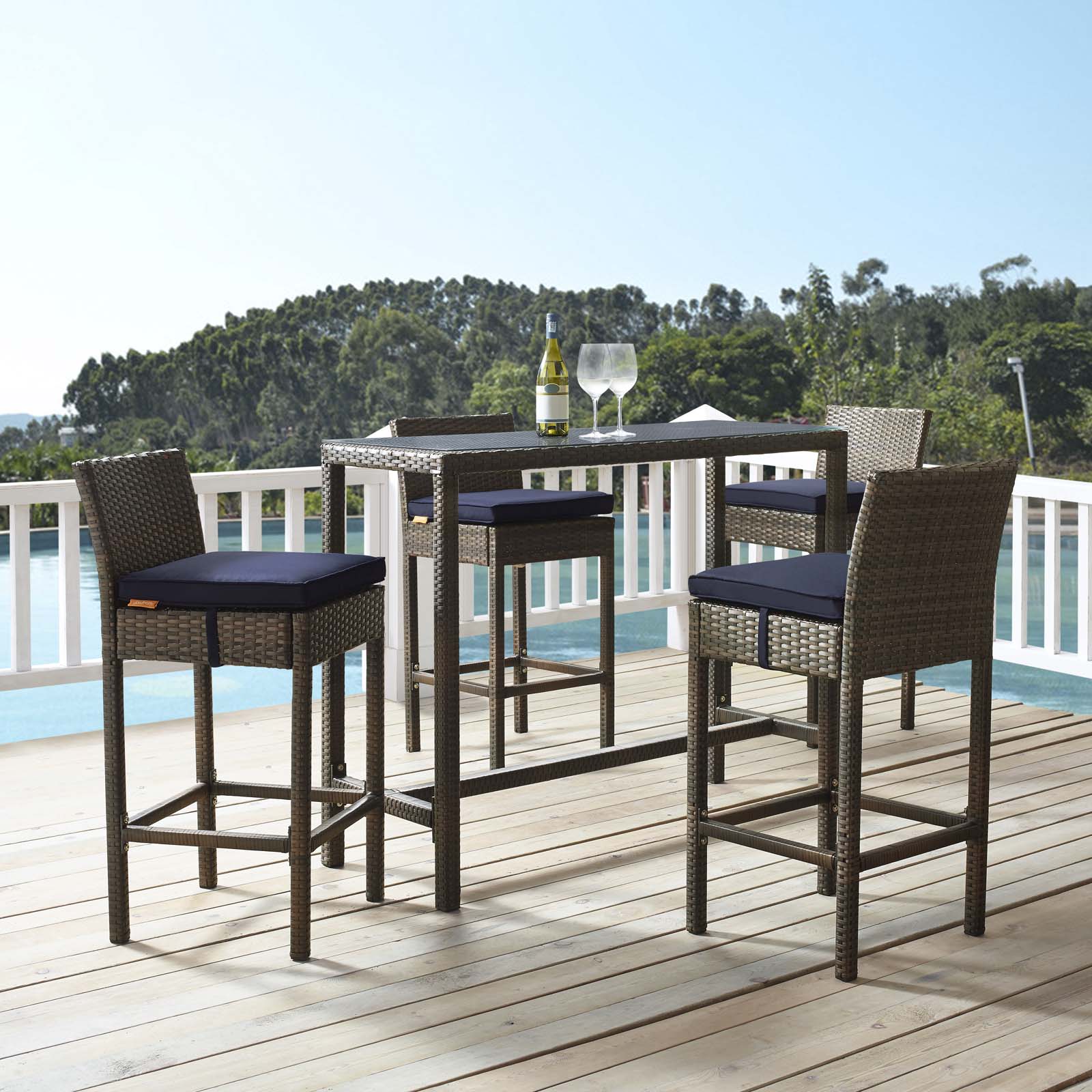 Contemporary Modern Urban Designer Outdoor Patio Balcony Garden Furniture Bar Side Stool Chair, Set of Four, Fabric Rattan Wicker, Brown Navy Blue