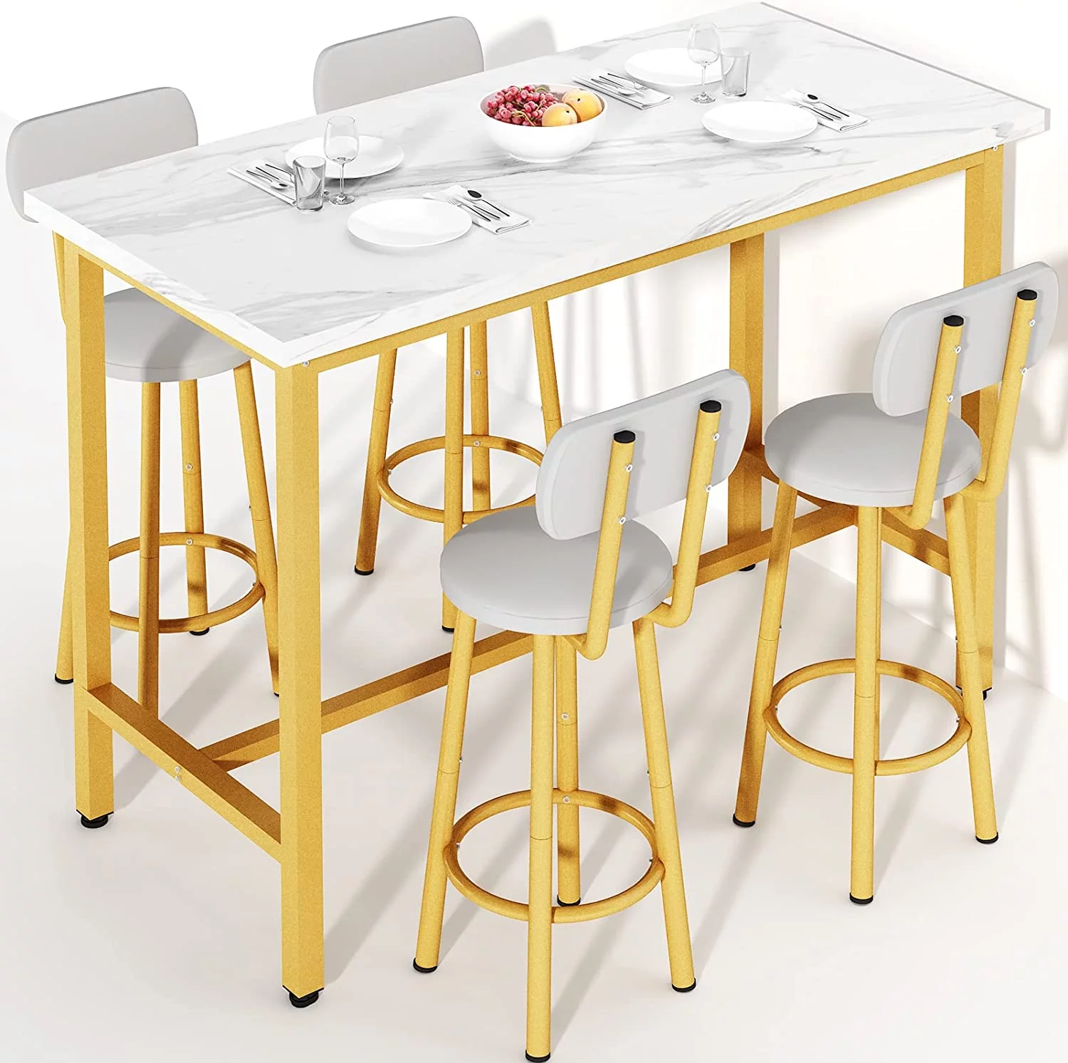 CLKHGFAR Dining  Set  43.3\u201D Rectangle Pub Bistro Dining Set Kitchen  Set   with Backrest Stools  5-Piece Breakfast  Set with Metal Frame for Dining Room w/ 4 Chairs-Gold