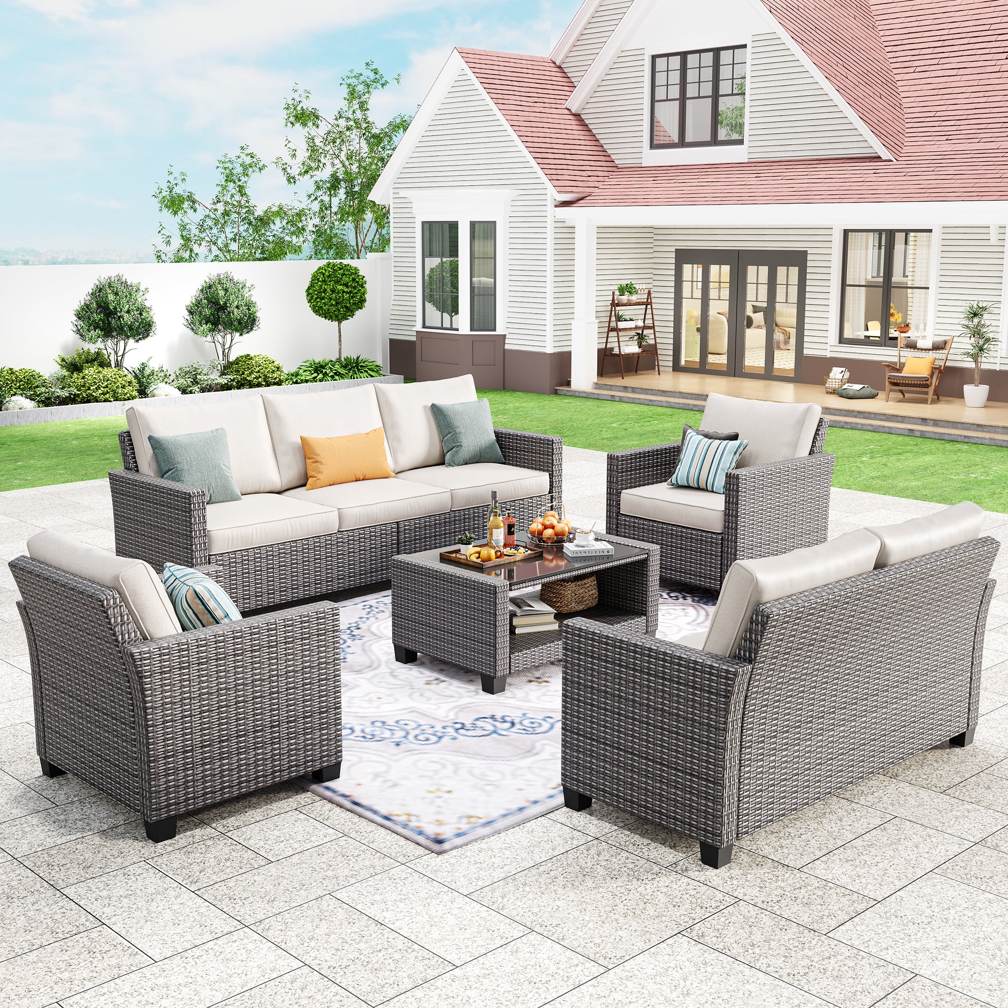 GAOMON 7 Seats Outdoor Wicker Sectional Conversation Set, 5 Pieces Rattan Patio Furniture Set for Garden, Poolside, Backyard, 2 x Single Chair, 2-Seat Sofa, 3-Seat Sofa and Tempered Glass Table
