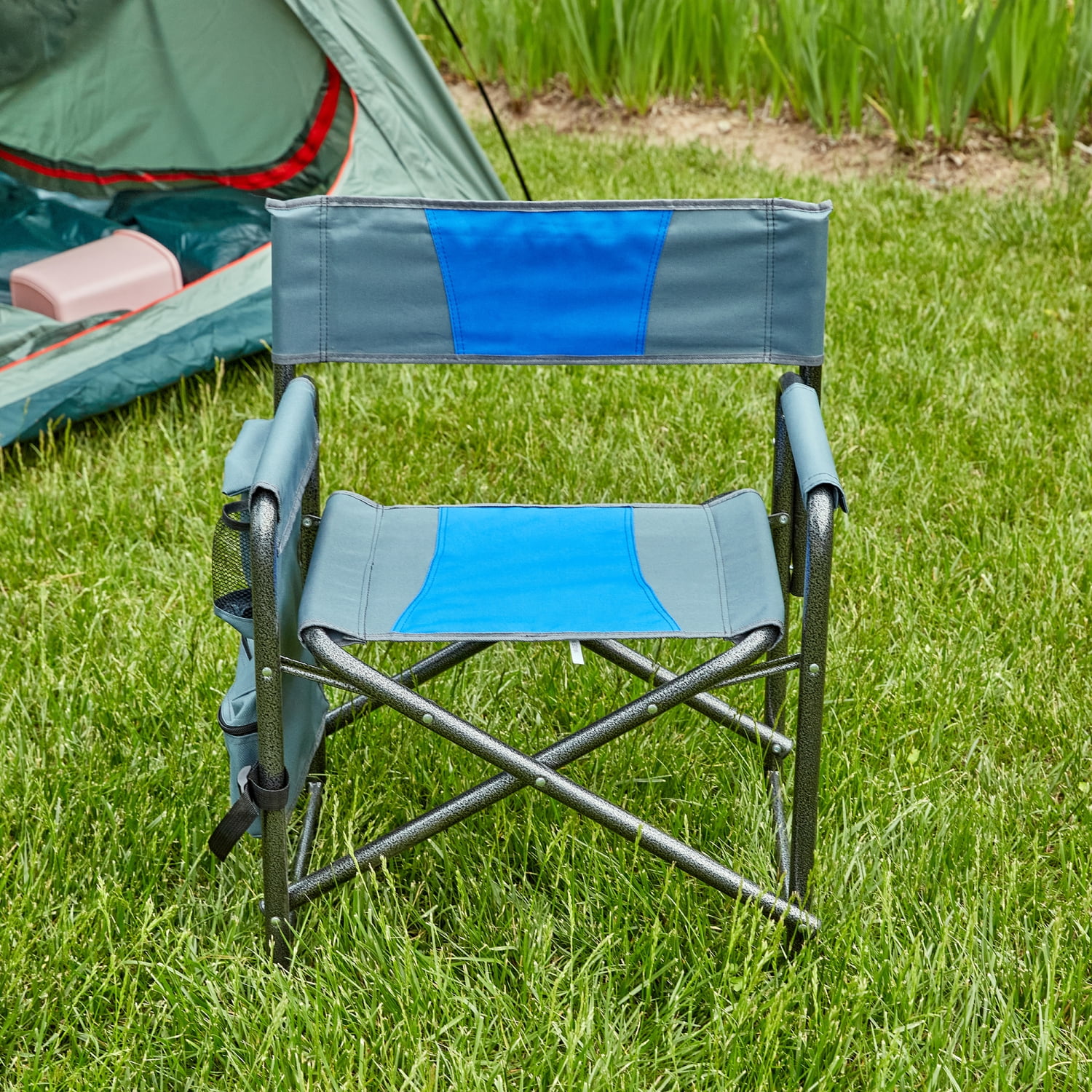 LEIYEHOOM 1-piece Padded Folding Outdoor Chair with  Pockets Lightweight Oversized Directors Chair for indoor  Outdoor Camping  Picnics and Fishing Blue/Grey