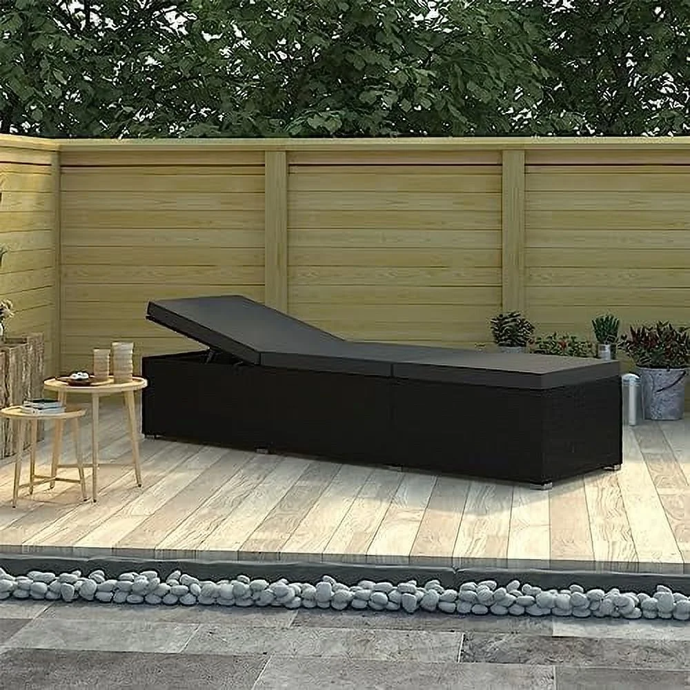 QYFZBIM Black Poly Rattan Sun Lounger with Cushion - Weather-Resistant Outdoor  - Perfect for Patio  Poolside  Balcony