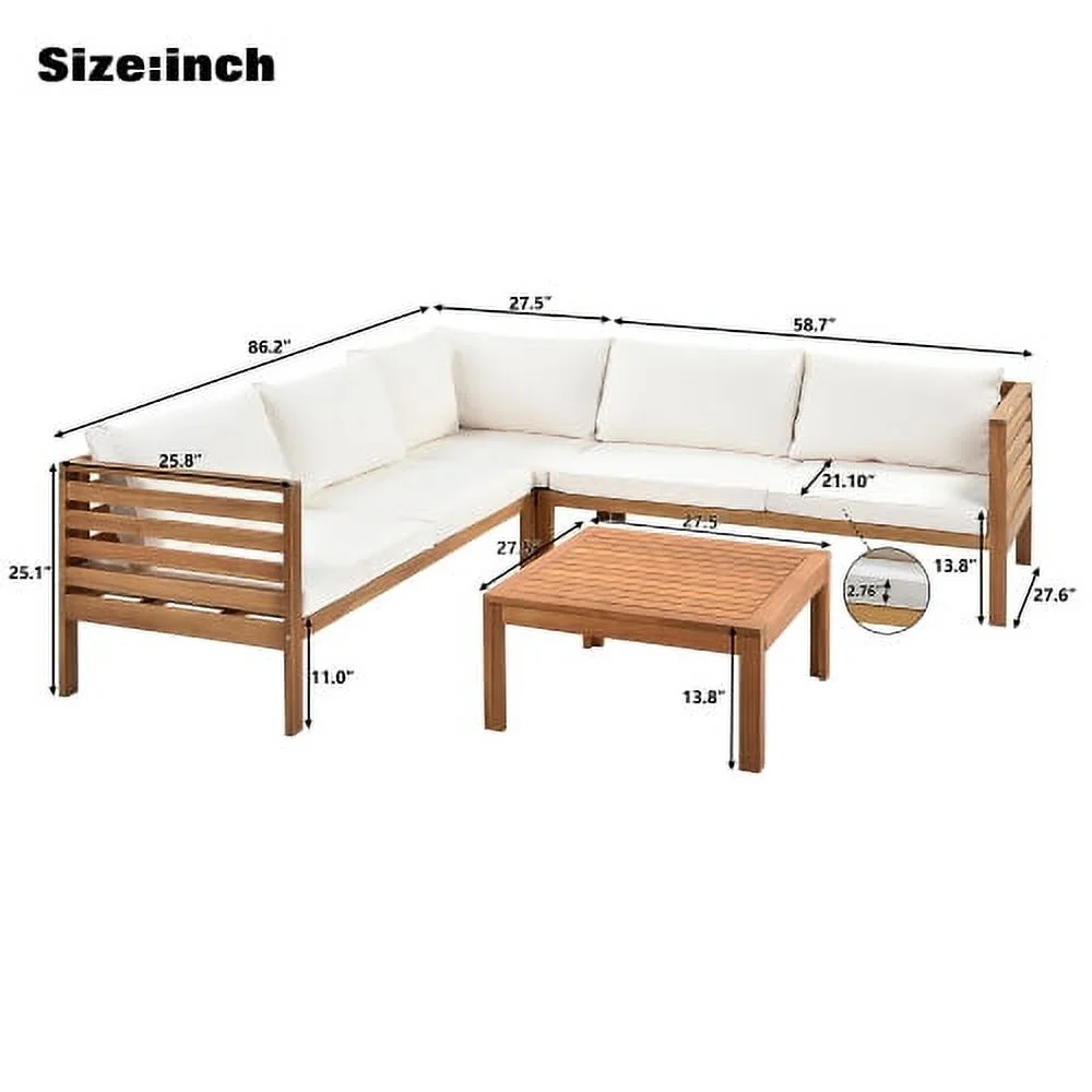 Churanty 4 Pieces Outdoor Wooden Conversation Sets, Patio Wood Sectional Sofa Coach with Cushions and Coffee Table, Beige