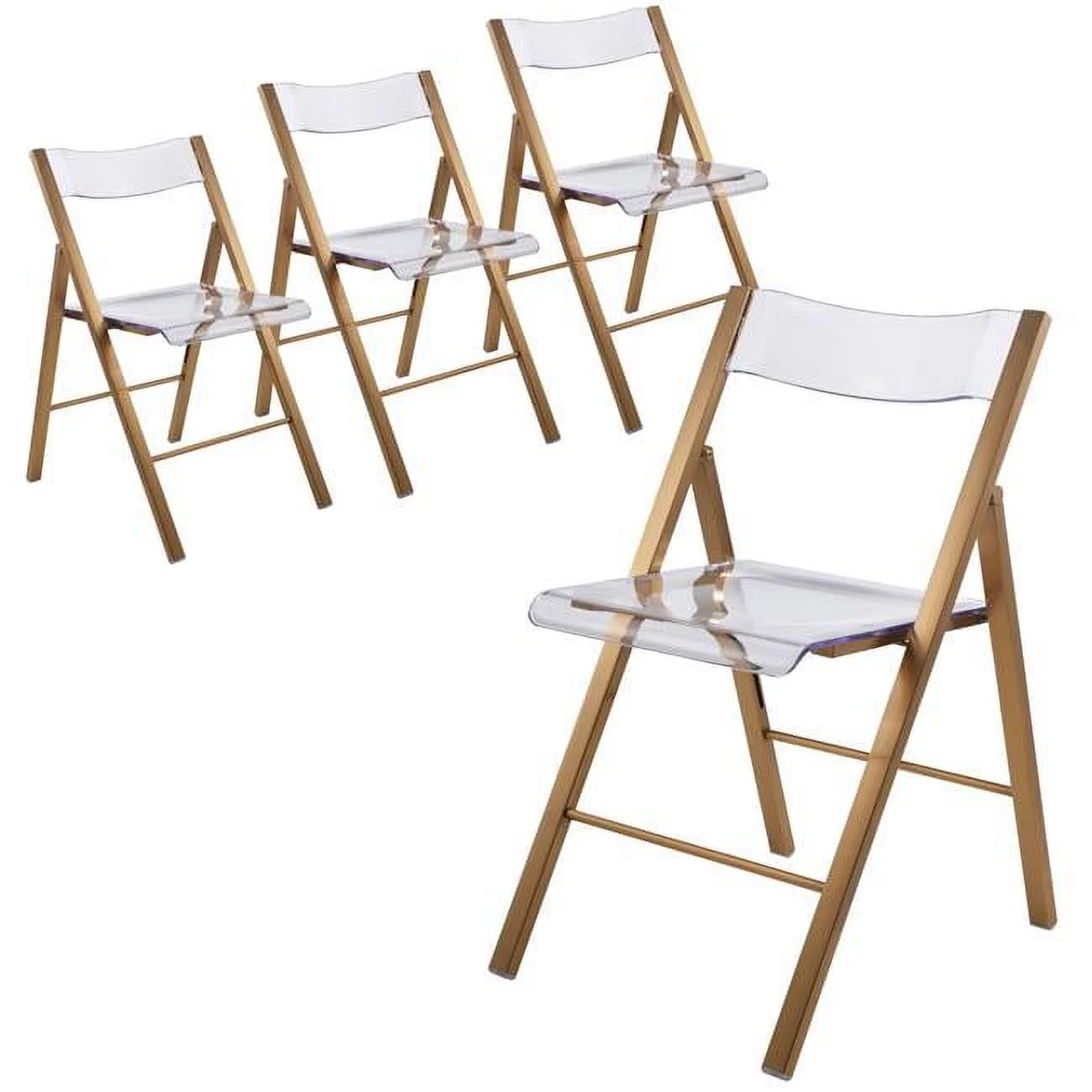 30 x 17.52 x 17.72 in. Menno Mid-Century Modern Acrylic Folding Chair with Stainless Steel Frame, Brushed Gold - Set of 4