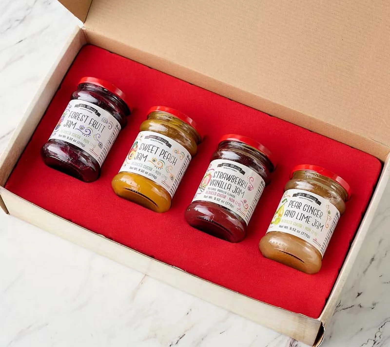 Old World Quality Foods Premium European Fruit Jam Sampler with Sweet Peach, Forest Fruit, Strawberry Vanilla, Pear Ginger and Lime, 9.52 oz Jars