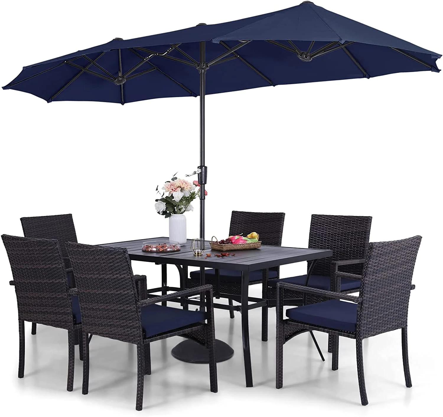 & William 7 Pieces Patio Dining Furniture with 13 Ft Navy Double-Sided Twin Umbrella  Outdoor Rattan Chairs & Metal Table Set with Cushions and 1.57" Umbrella Hole for Backyar