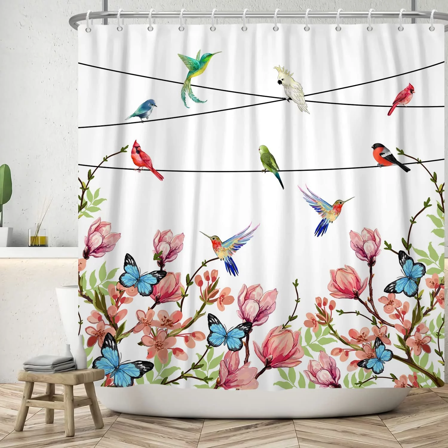 SPXUBZ Spring Bird Flower Butterfly Polyester with 12 Hooks Waterproof Shower Curtain 72x72 inch