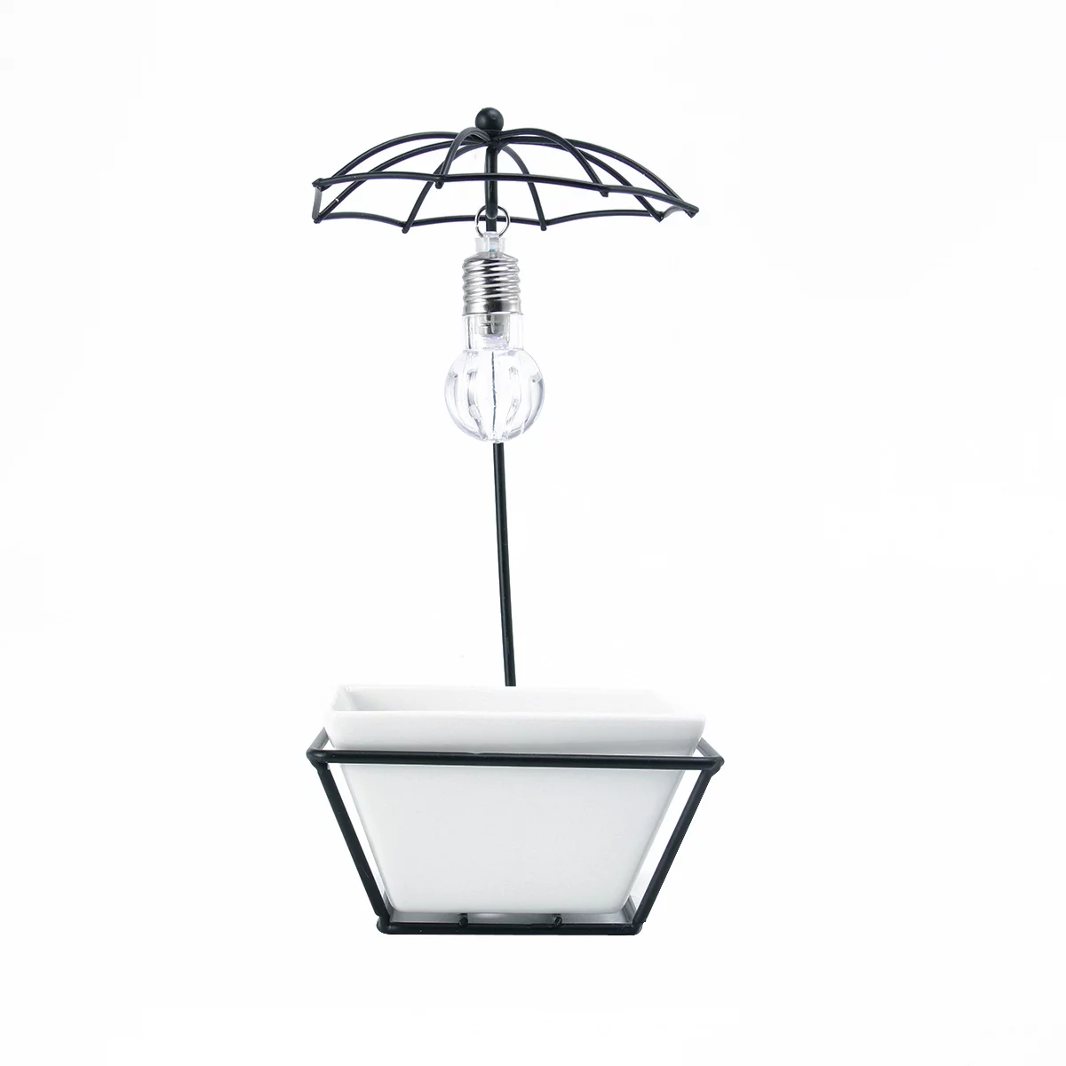 Gongxipen 1 Set Creative  Iron Rack Flowerpot Mini Succulent Planter Bonsai Storage Pot Gardening Supply with Light Bulb (White Planter, Black Rack)