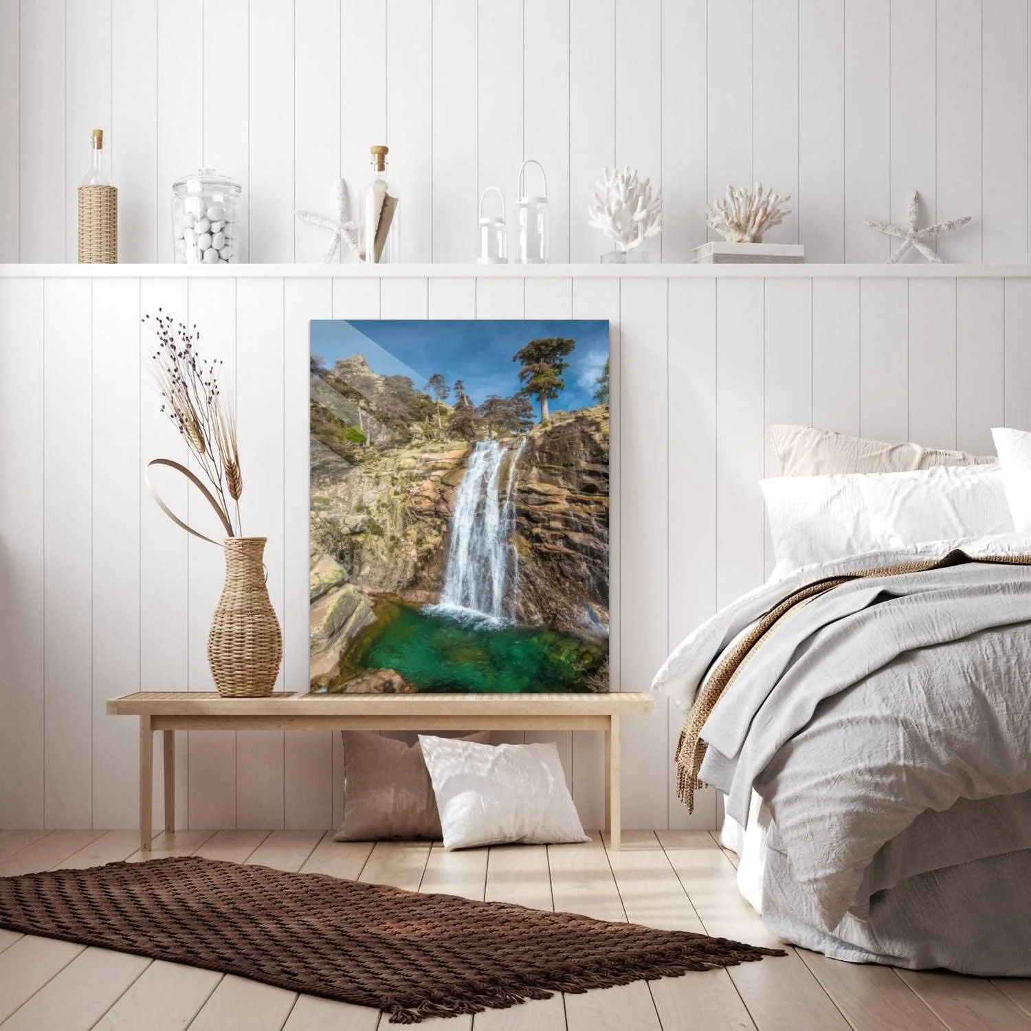 HelloGlass Tempered Glass Wall Art Decor Radule waterfall in High Golo Valley of Corsica Island Prints On Glass Paingting Picture Modern Artworks For Living Room Bedroom Office 12x8inch