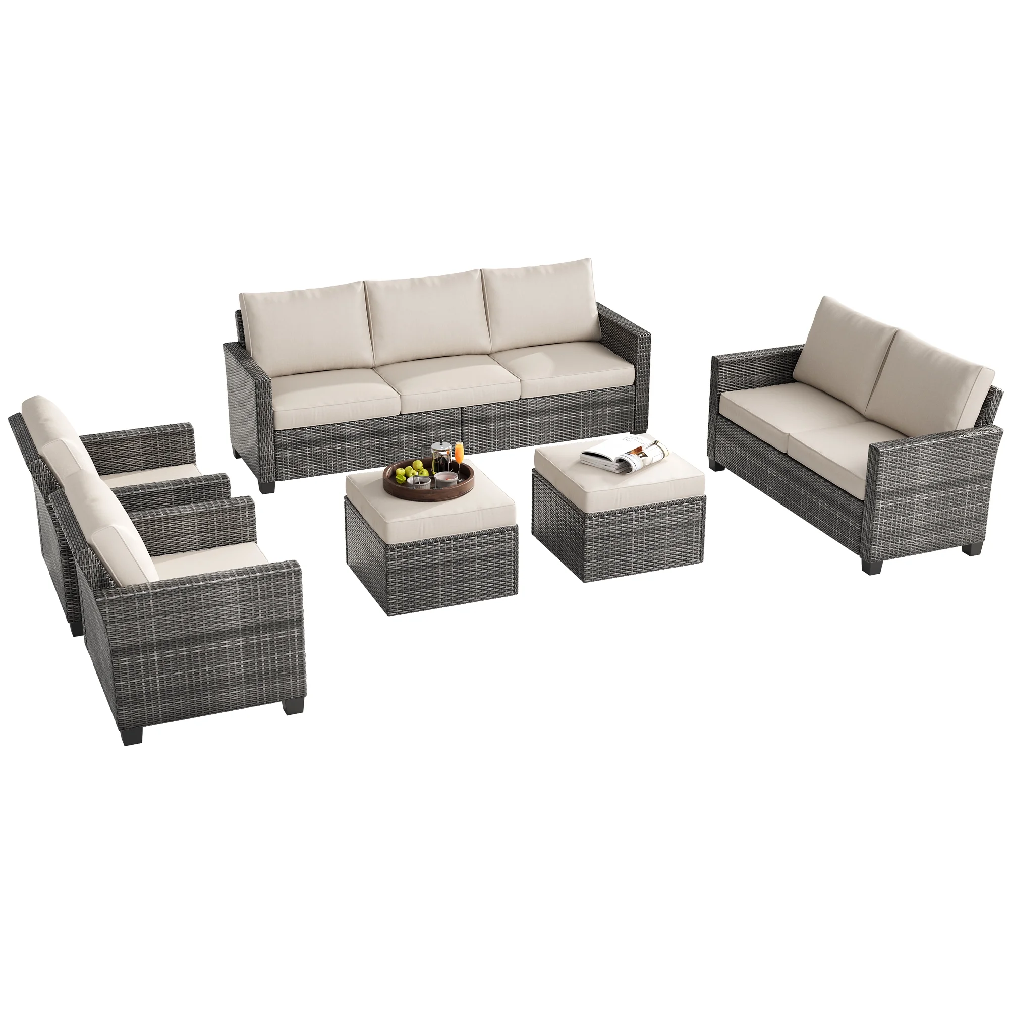 GAOMON 9 Seats Outdoor Wicker Sectional Conversation Set, 6 Pieces Rattan Patio Furniture Set for Garden, Poolside, Backyard, 2 x Single Chair, 2-Seat Sofa, 3-Seat Sofa and 2 x Ottoman