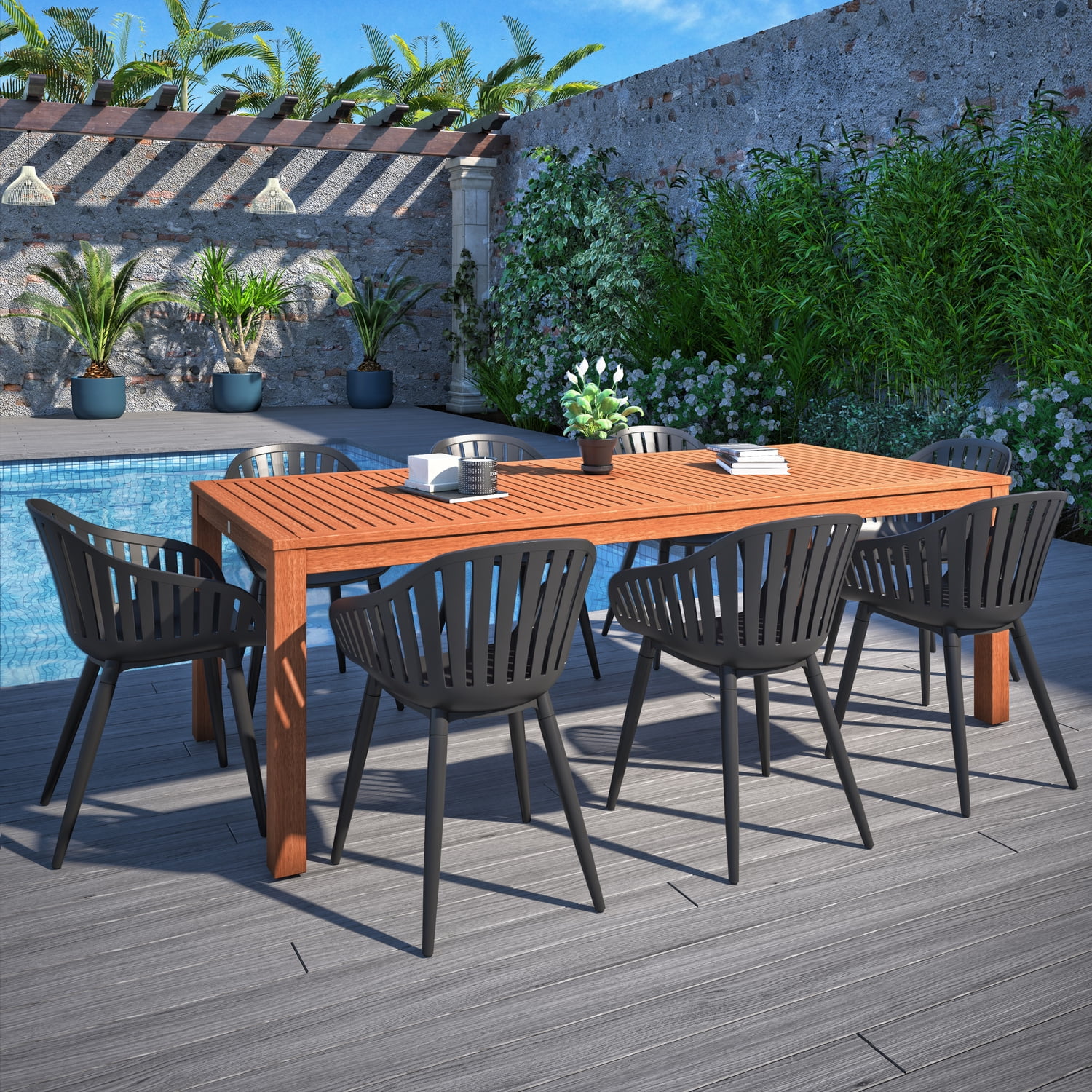 Amazonia 9 Piece Rectangular Patio Dining Set W/Black Aluminium Chairs