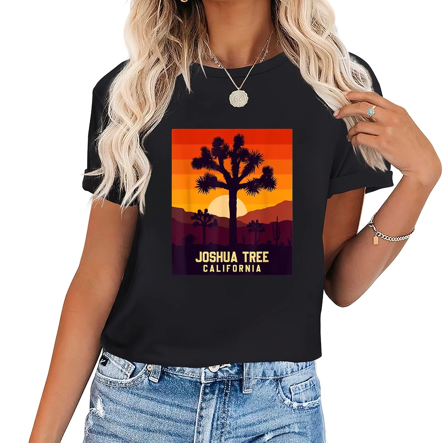 Womens Retro Sunset On California Desert Joshua Tree National Park T-Shirt