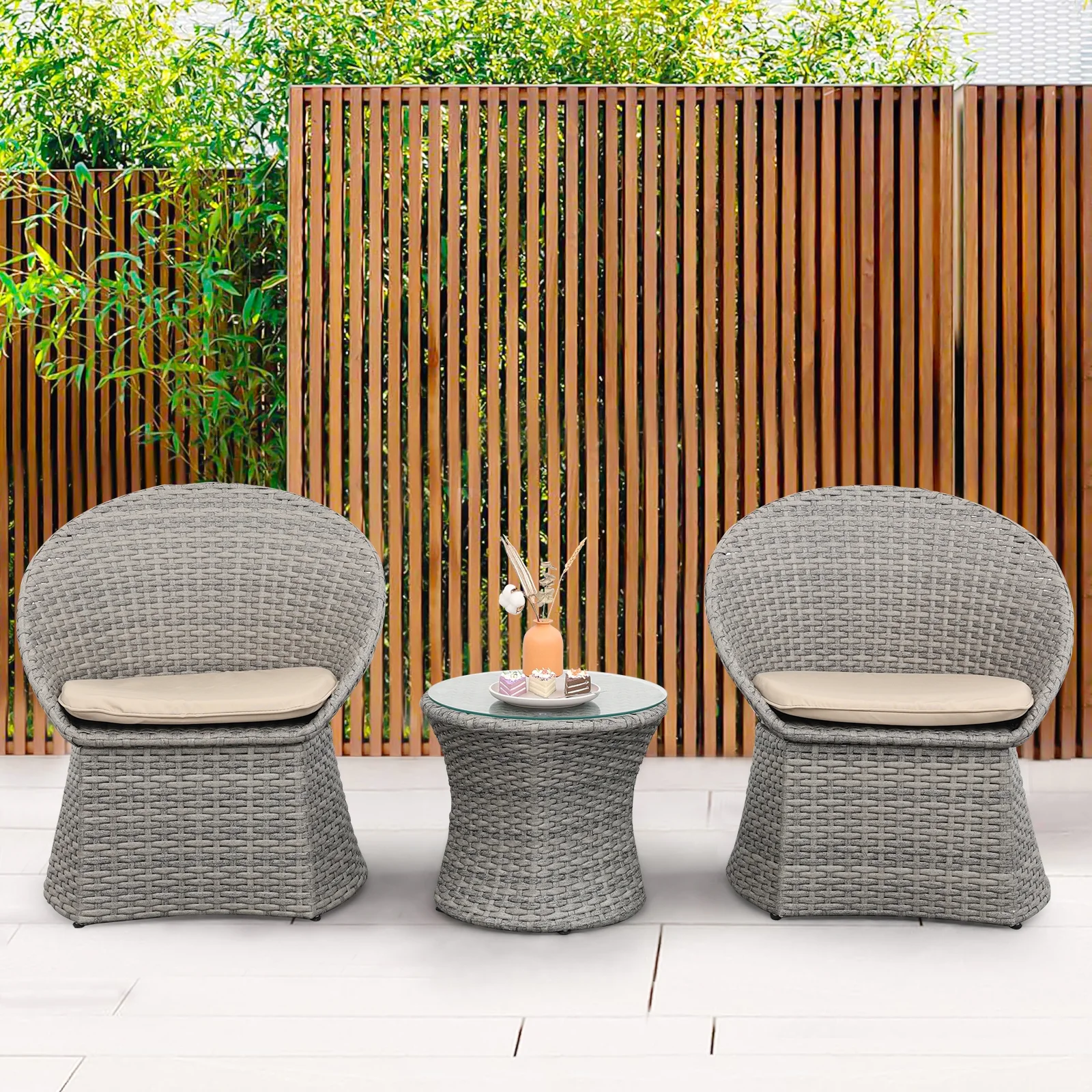 Waroom 3 Pieces Outdoor Egg Chairs Set Round Backrest with Cocktail Table, Patio Wicker Furniture Set, Khaki