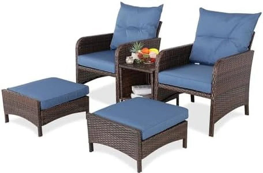 QYFZBIM 5 Piece Patio Conversation Set Balcony  PE Wicker Rattan Outdoor Lounge Chairs with Cushions and 2 Ottoman Glass Table for Porch  Lawn (Sapphire Blue)