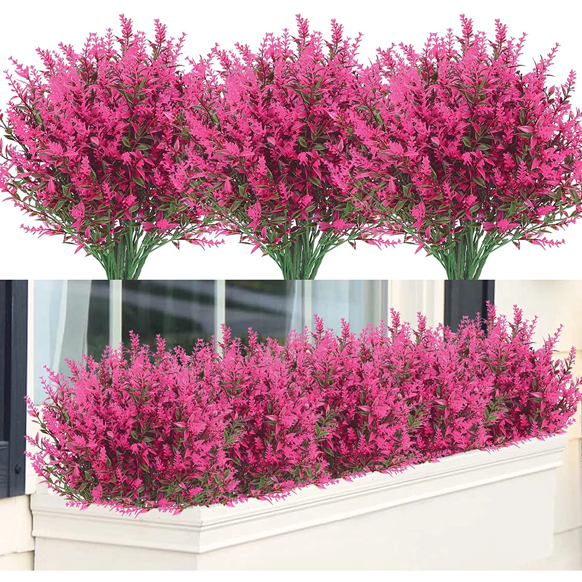 Morttic 8 Bundles Outdoor Artificial Lavender Fake Flowers, Lifelike UV Resistant No Fade Faux Plastic Plants to Brighten up Your Garden Patio Porch Window Box Decor (Rose)