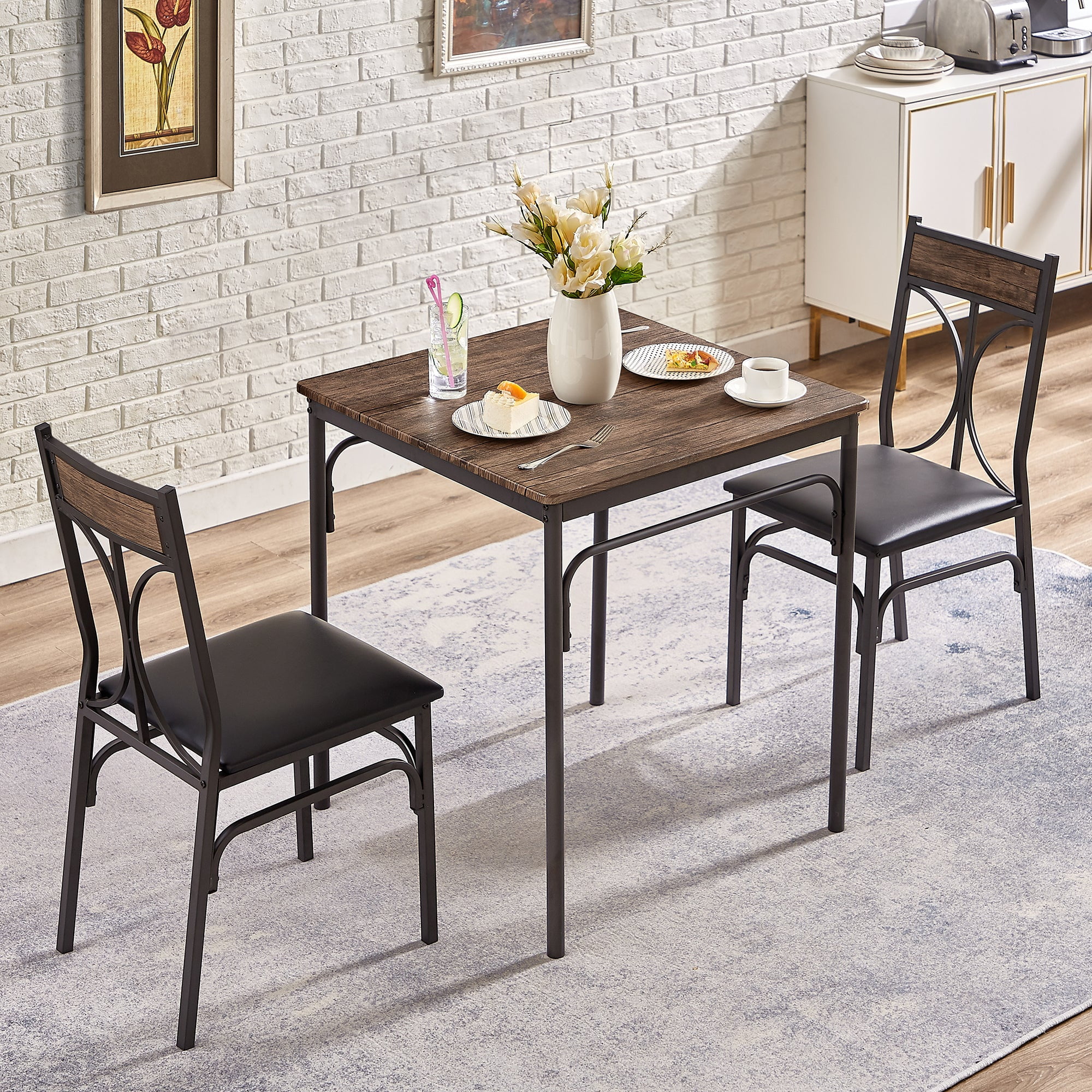 VECELO Dining Table Set for 2, Kitchen Table with Upholstered Chairs for 2, 3-Piece Space Saving Dinette Set for Dining Room Home Kitchen, Apartment, Brown