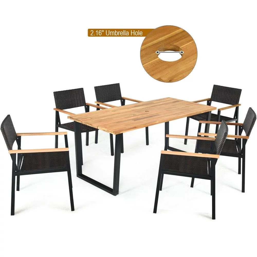 7PCS Outdoor Patio Rattan Dining Chair Table Set Solid Wood Frame Umbrella Hole