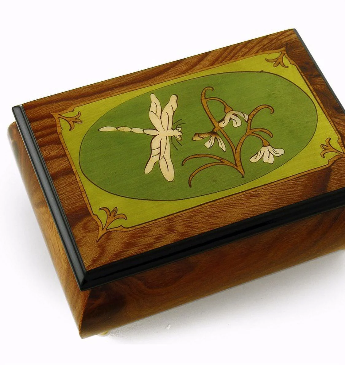 Tranquil Olive Green and Wood Tone Dragonfly Music Box - Have Yourself A Merry Little Xmas