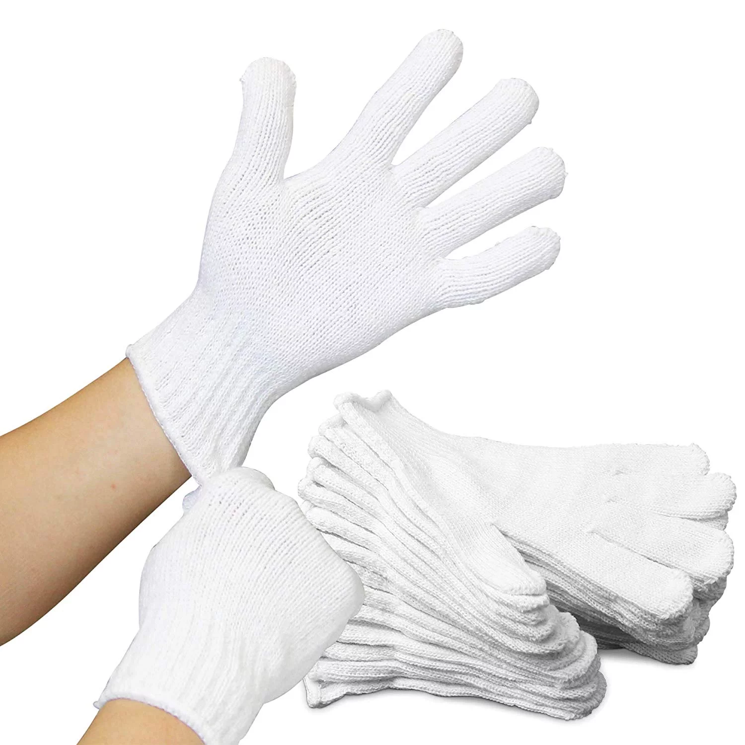 [12 Pairs, Large] Polyester Cotton Knit Safety Protection Work Grip Gloves for Painter Machanic Industrial Warehouse Gardening, Men Women, Bleached White - 24 Count Bulk