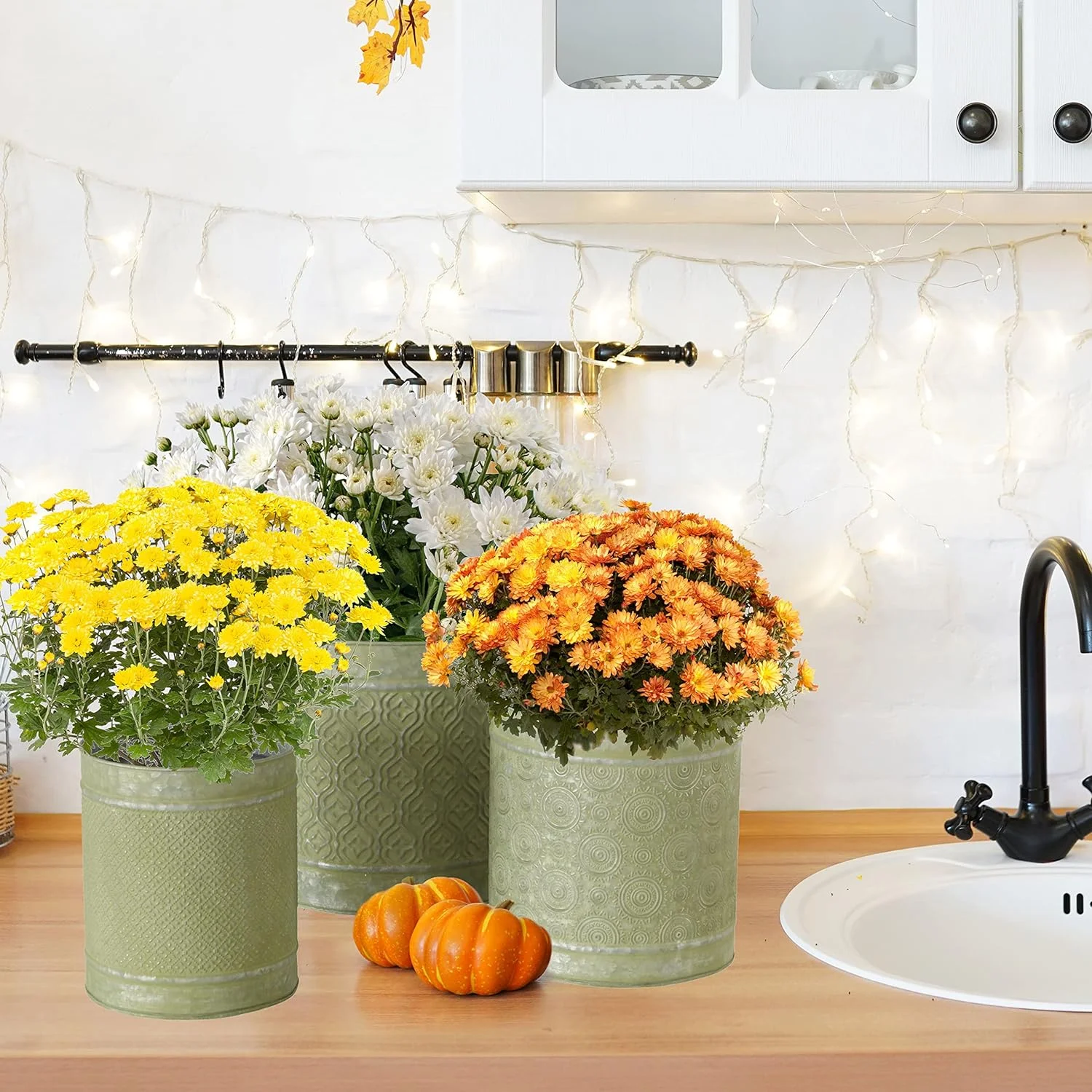 Boho Shabby Style Round Planters, Set of 3, Embossed Mandala Daisy Patterns, Grey with Green Patina, 10.75, 9.75, and 8.75 Inches, Cache Pots