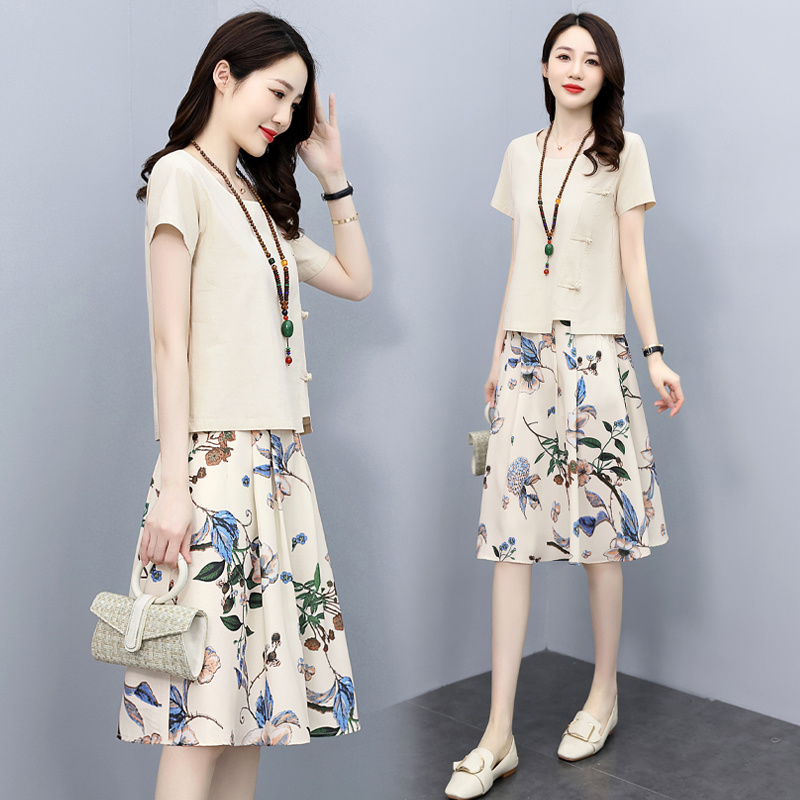 Gjc Encounts Chain Cotton Jacks Literary Printing Set Skirt Summer Women