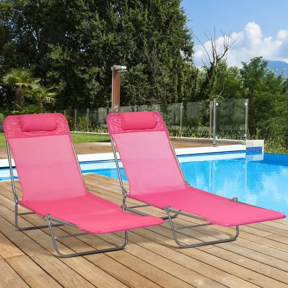 SQIOUH 2 Piece Folding Chaise Lounge Chairs  Pool Sun Tanning Chairs  Outdoor Lounge Chairs with 6-Position Reclining Back  Breathable Mesh Seat  Headrest for Beach  Yard  Patio  Pink