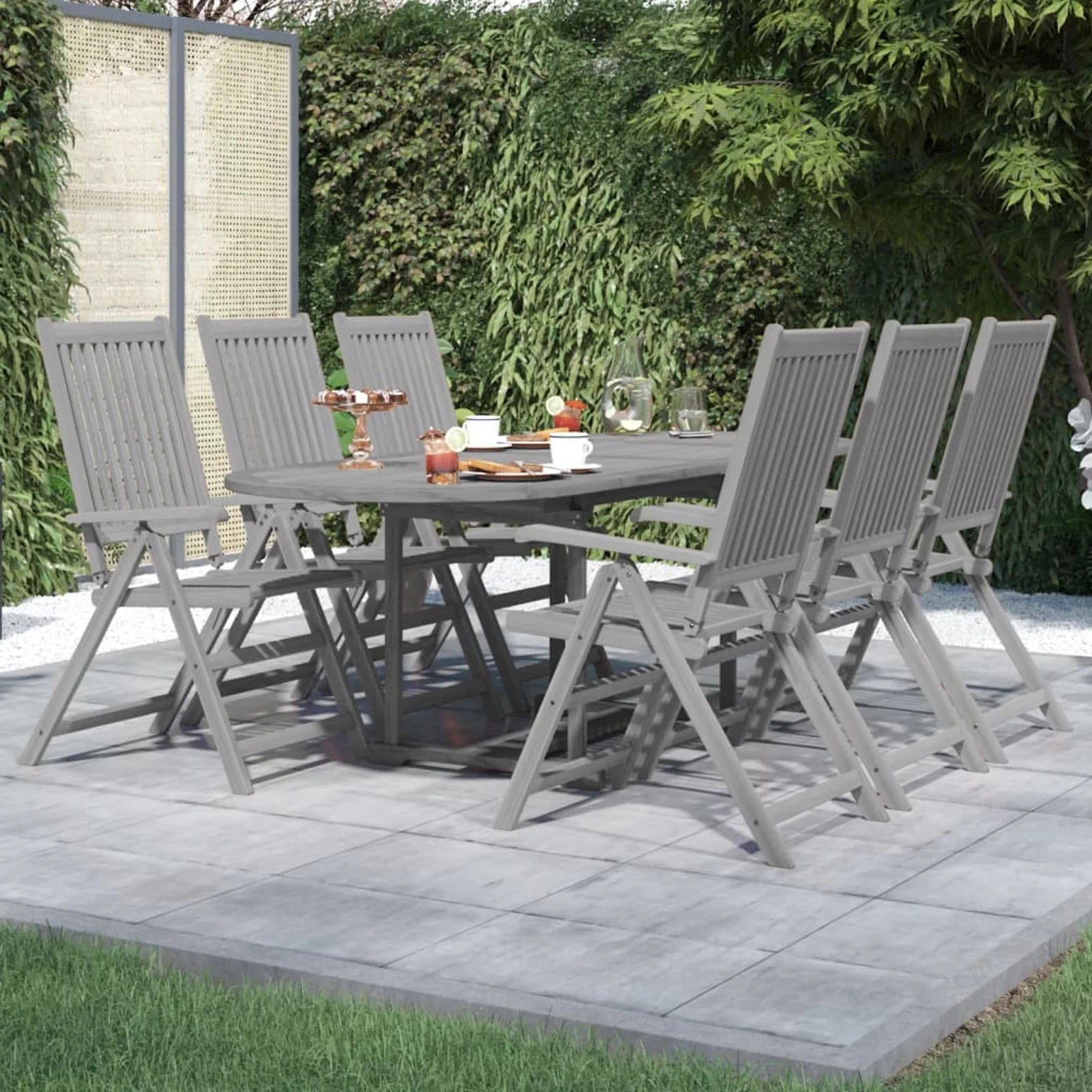 Anself 7 Piece Outdoor Dining Set Gray Acacia Wood Extendable Table and Backrest Adjustable 6 Garden Chairs for Patio, Lawn, Courtyard, Terrace