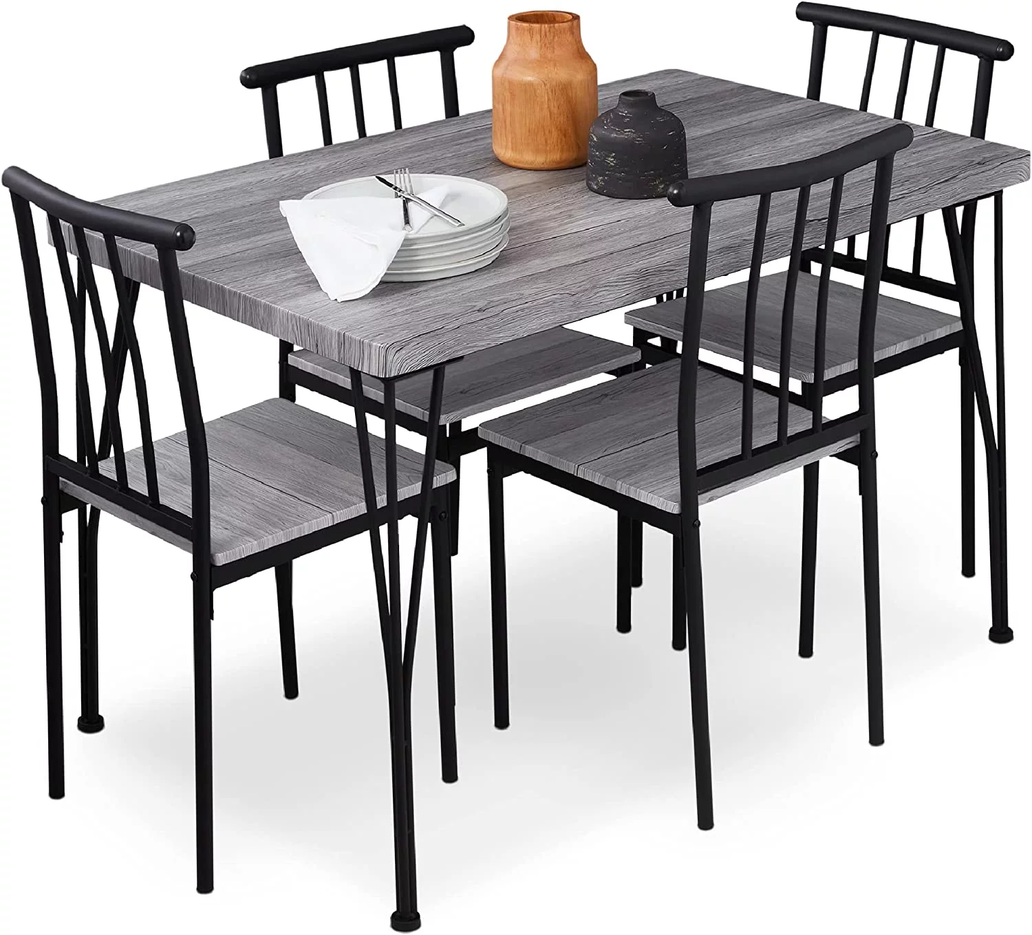5-Piece Metal and Wood Indoor Modern Rectangular Dining Table Furniture Set for Kitchen, Dining Room, Dinette, Breakfast Nook w/ 4 Chairs - Gray