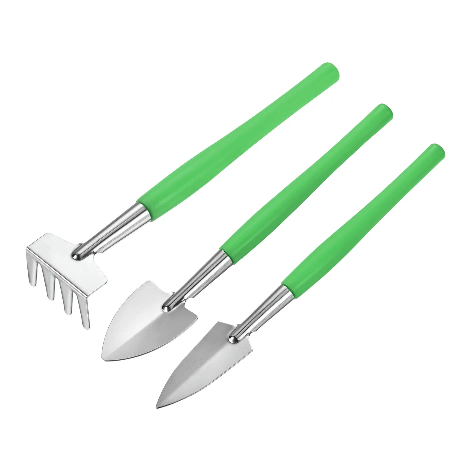 Uxcell Gardening Tools Iron Spade Rake Transplanting Digging Kits, Green 3 Pack