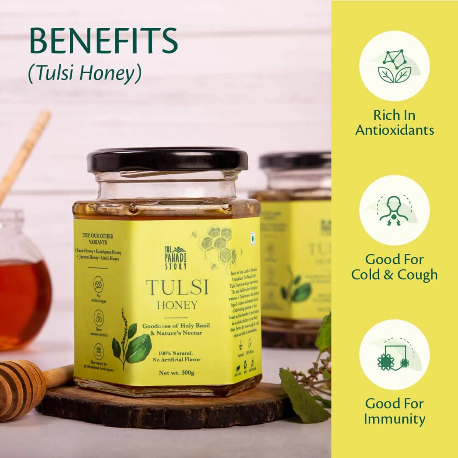 The Pahadi Story Tulsi Honey 300g, Raw and Unfiltered Honey with the Goodness of Holy Basil, 100% Natural Lab Tested Honey In Glass Bottle