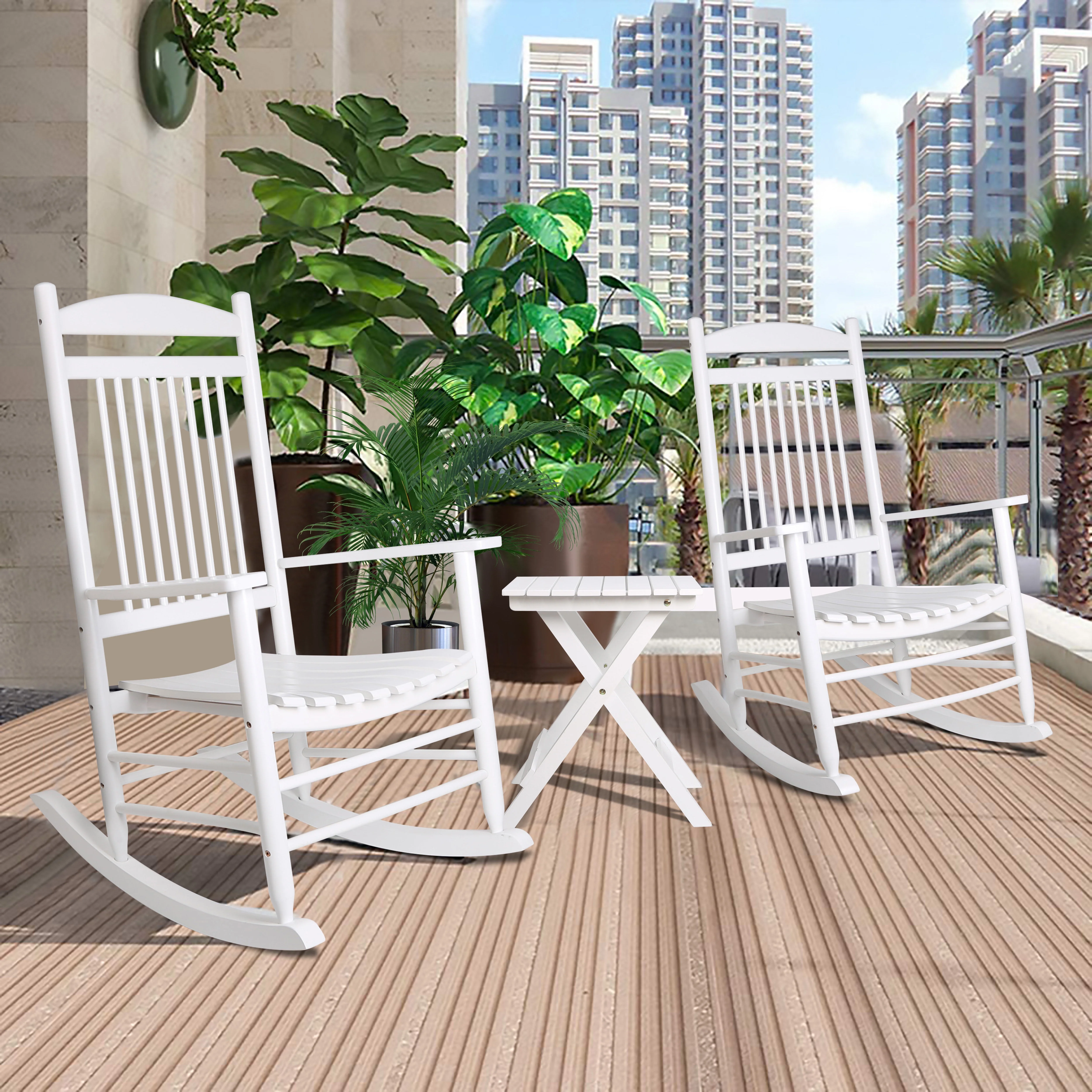 VEIKOUS Rocking Chair Set, Wood Porch Rocker Set w/Foldable Table Outdoor Indoor, White