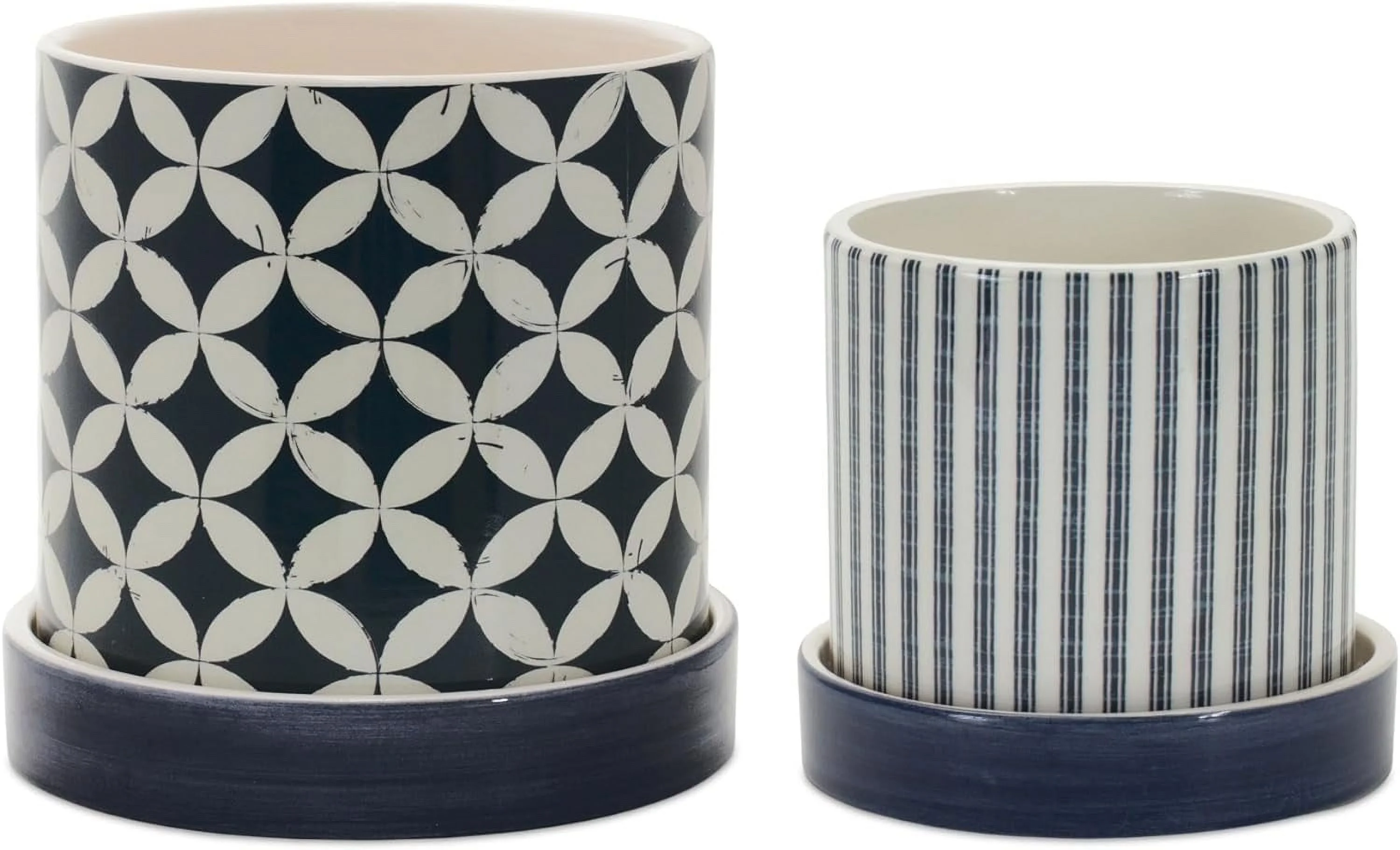 Geometric Pattern Planter with Plate (Set of 2) Blue Mid-Century Modern Round Stone