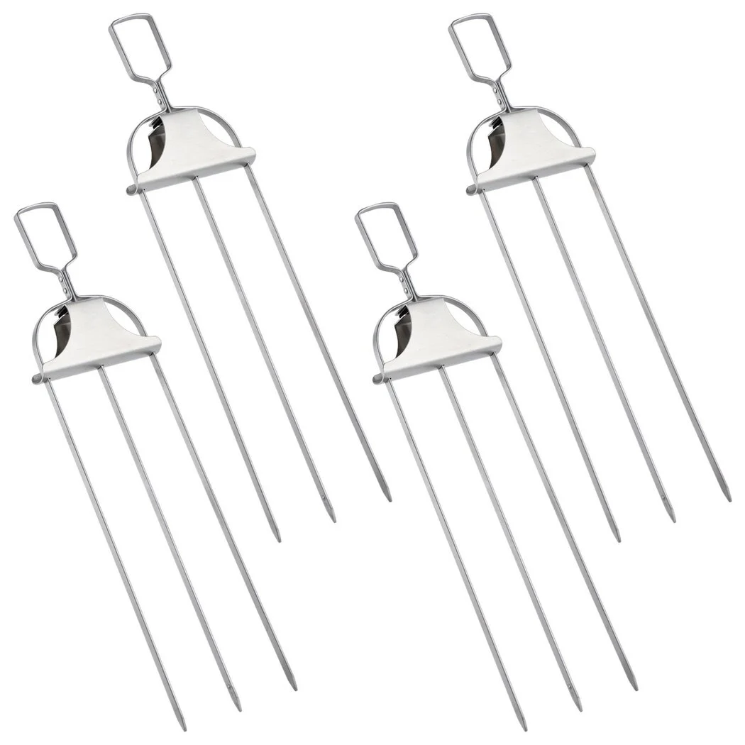 3-Prong Semi-automatic Grill Fork Set, 4 PCS 3-Prong Barbecue Skewer, 3-Way Stainless Steel Grilling Fork, 14 Inches Metal Grill Skewer with Push Bar Slider for Meats, Vegetables, Steaks, Sausages