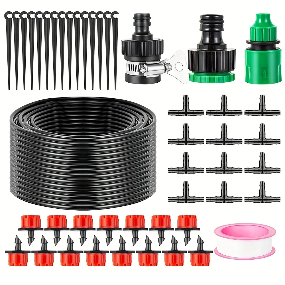 50Pcs Automatic Drip Irrigation Kit Set, Quick Connector DIY Watering Misting System with 1/4” Distribution Tubing, Nozzle Emitter Barbed Fittings for Plant, Greenhouse, Garden and Yard 10M(33 FT)