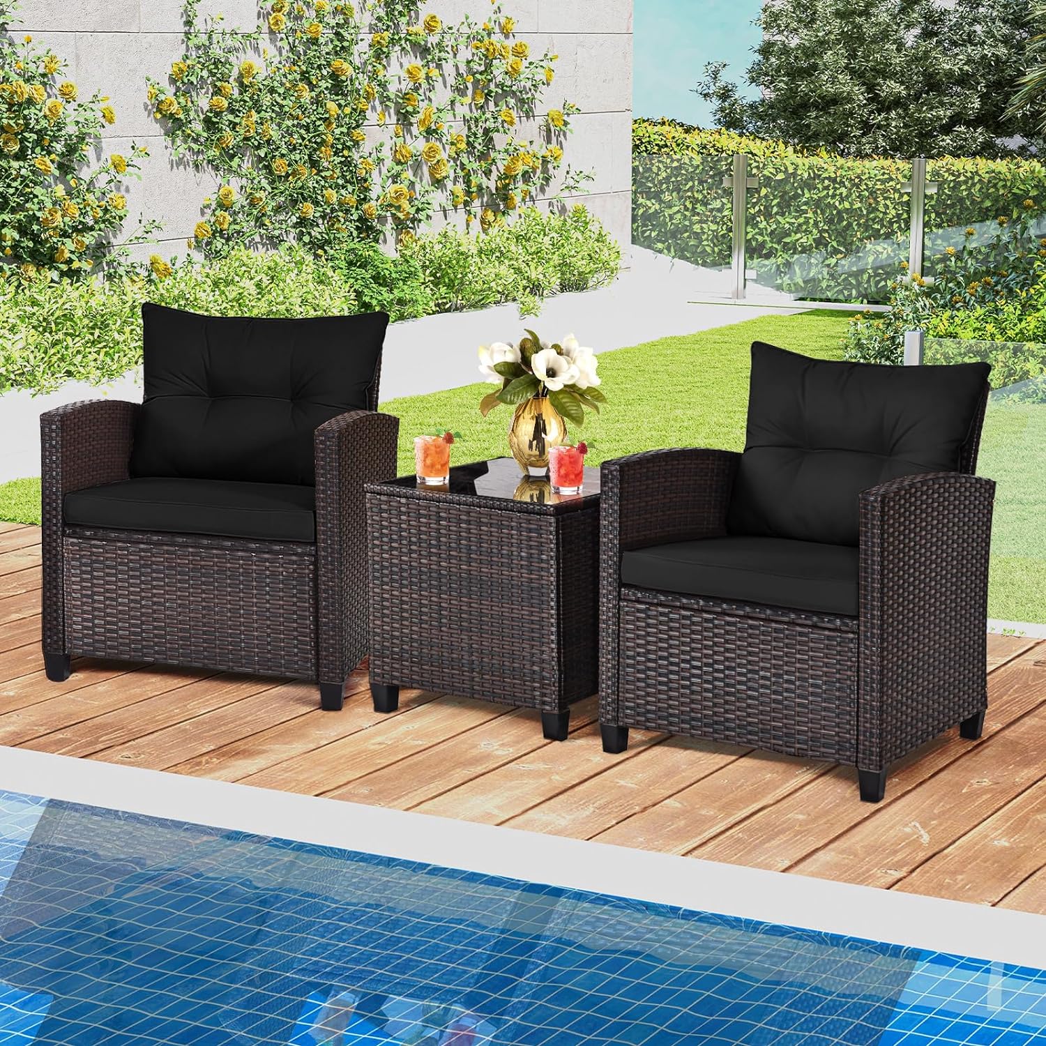 Dina 3 Pieces Patio Furniture Set  Outdoor Wicker Conversation Set Rattan Chairs with Cushions  Glass Coffee Table  Bistro Set for Front Porch Balcony Garden Deck Poolside (Navy)