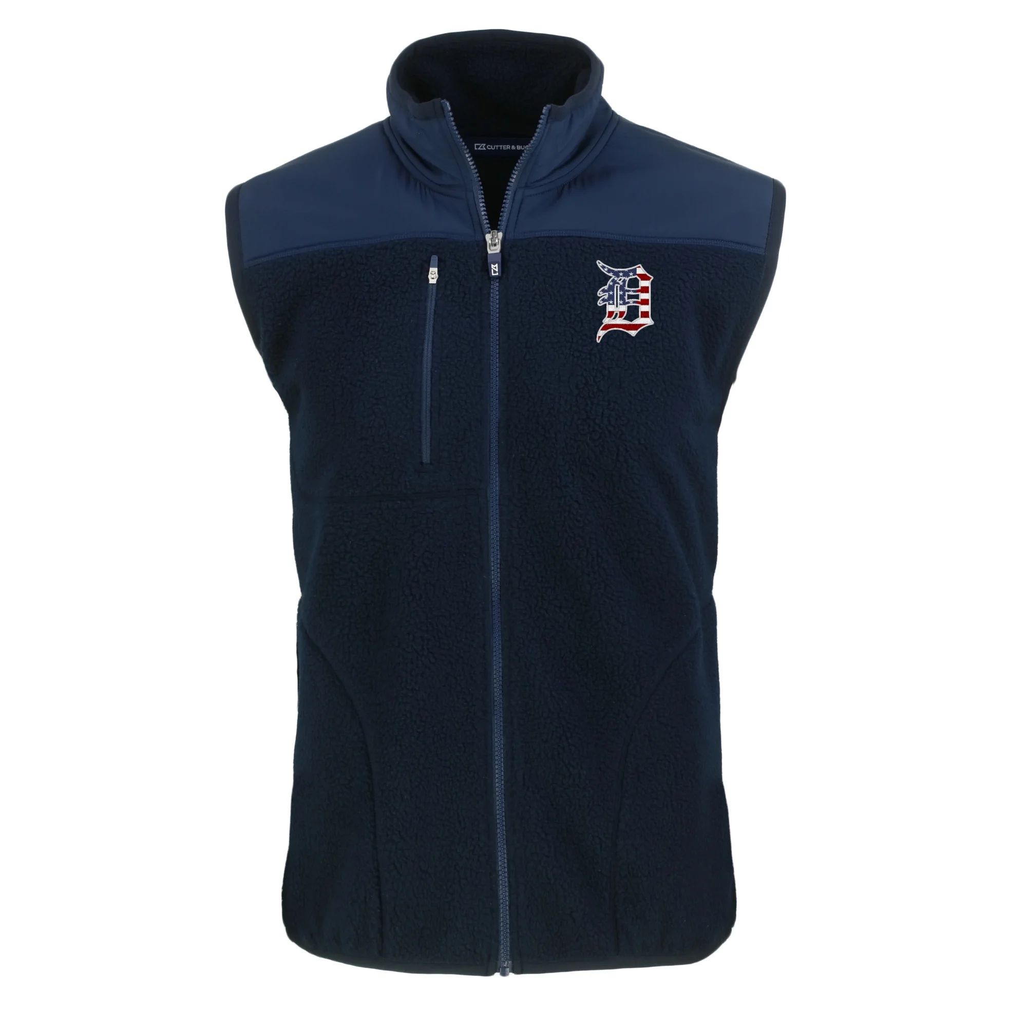 Men's Cutter & Buck  Navy Detroit Tigers Stars & Stripes Big & Tall Cascade Eco Sherpa Fleece Full-Zip Vest