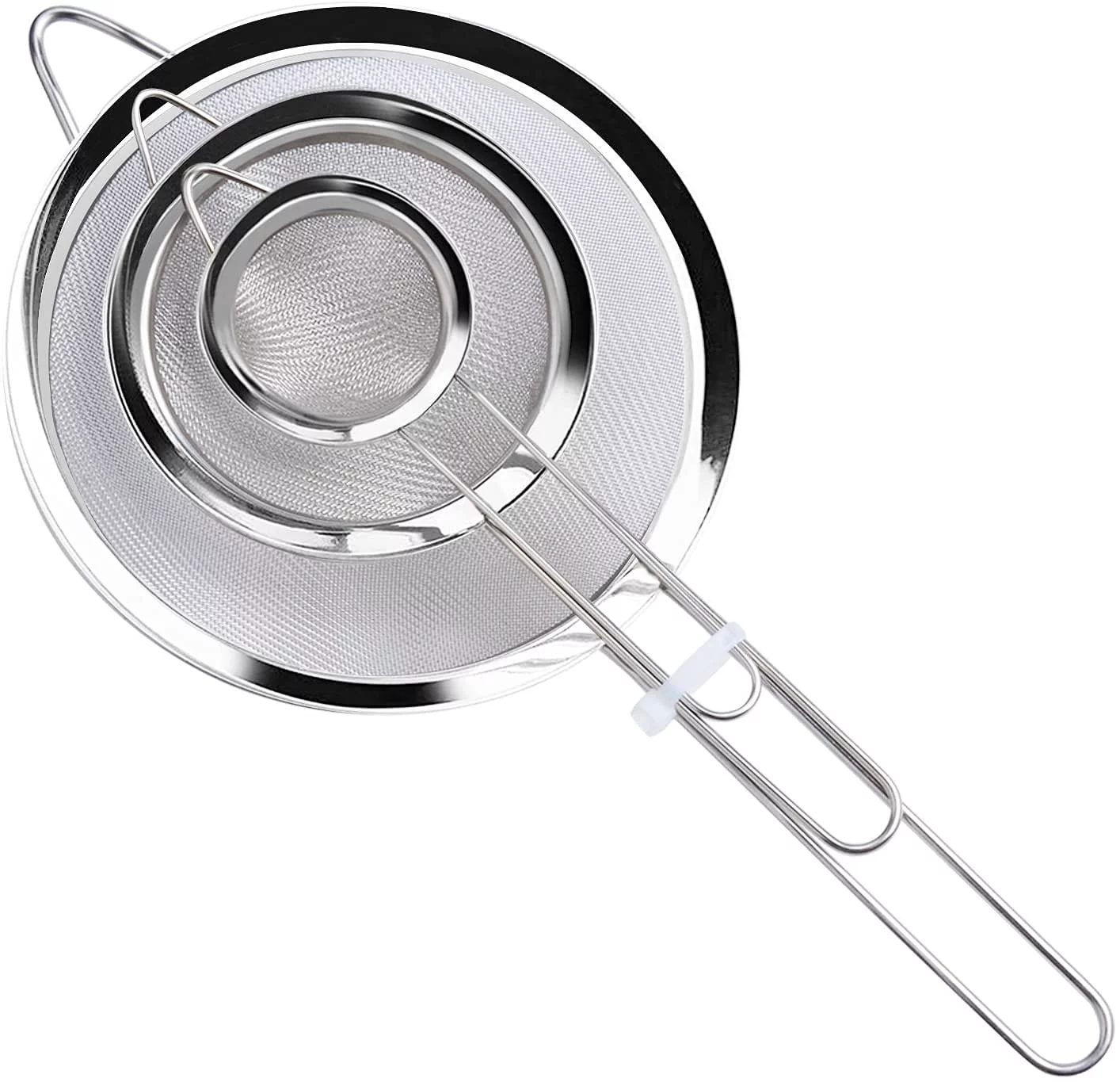 Mesh Strainers Fine Wire Kitchen Sieve Stainless Steel Kitchen Fine Sieves Strainers with Long Handles Set of 3 for Baking and Cooking Flour Quinoa Tea Juice Hot Pot, 7 cm12 cm 18 cm Sieve (3Pack)