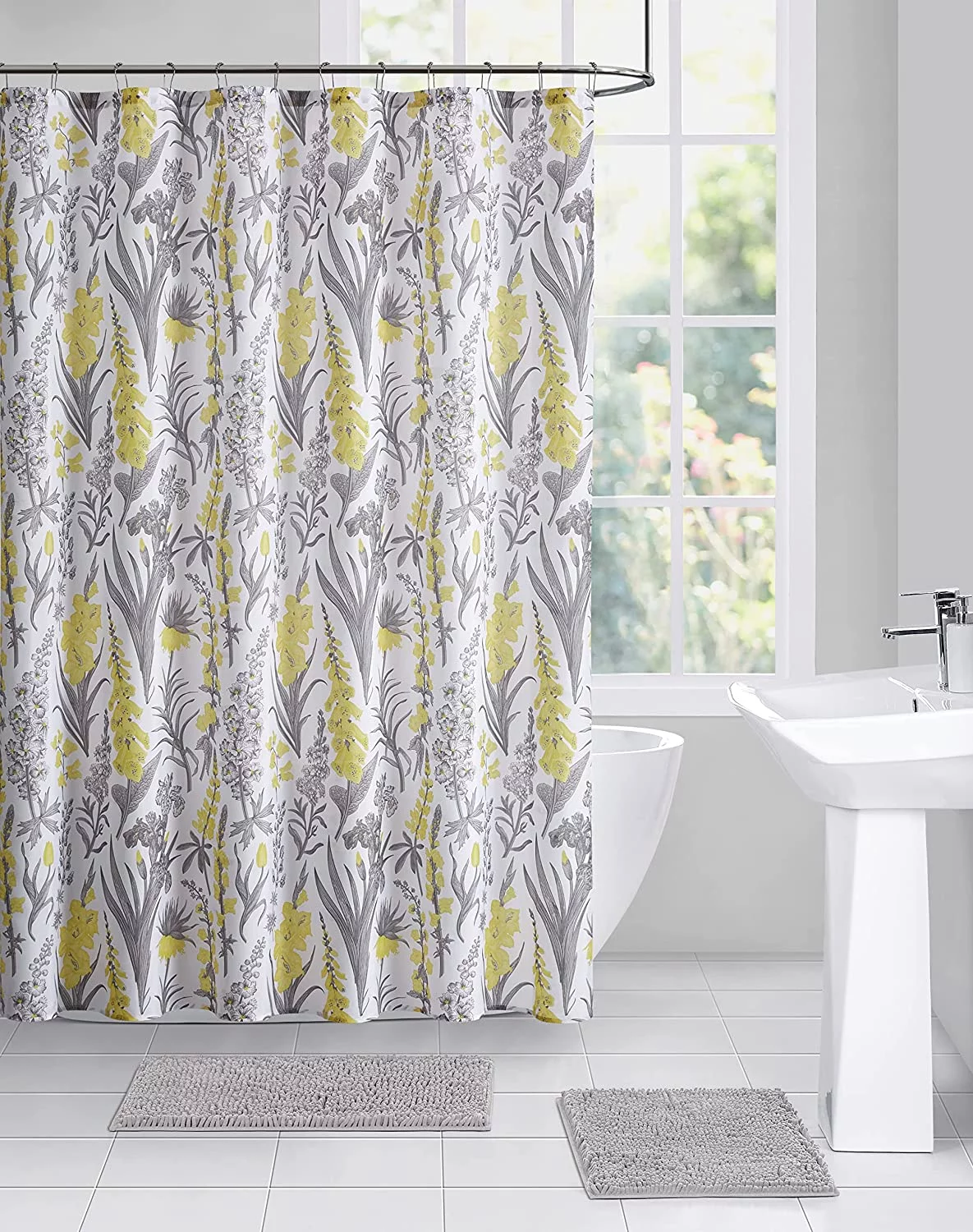 Serafina Home Spring Floral Fabric Shower Curtain: Watercolor Flowers and Leaves (Bellflowers Yellow)