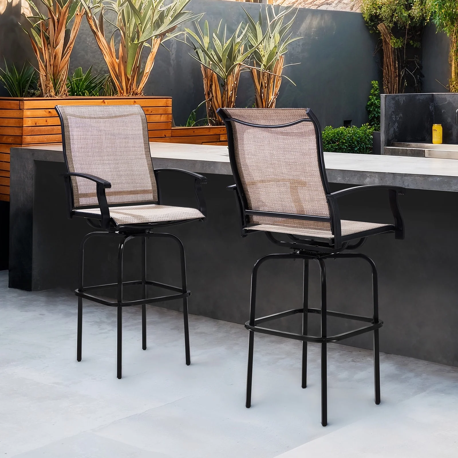 Vitarpatio 2 Piece Patio Swivel Bar Stools, Outdoor Bistro Set 360 Rotating Metal Textile Bar Height Swivel Chairs with Footrest and High Back