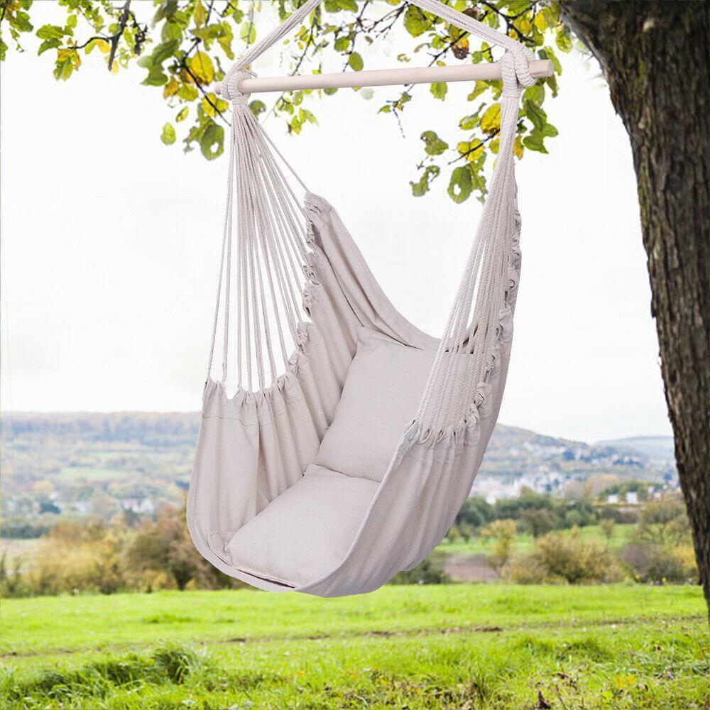 Hammock Hanging Rope Chair Swing Seat Patio Seating Wooden /w 2 Pillows Beige US