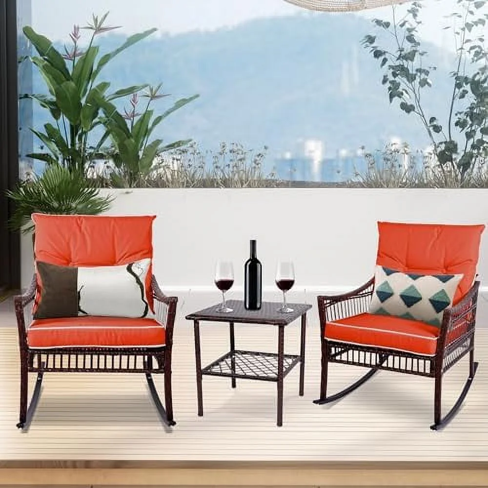 HYHBIBOOM Outdoor Rocking Chairs  3 Pieces Patio Conversation Set  Wicker Rocking Chairs  with Coffee Table  Front Porch  for Garden and Balcony (Brown Rattan Beige Cushion)